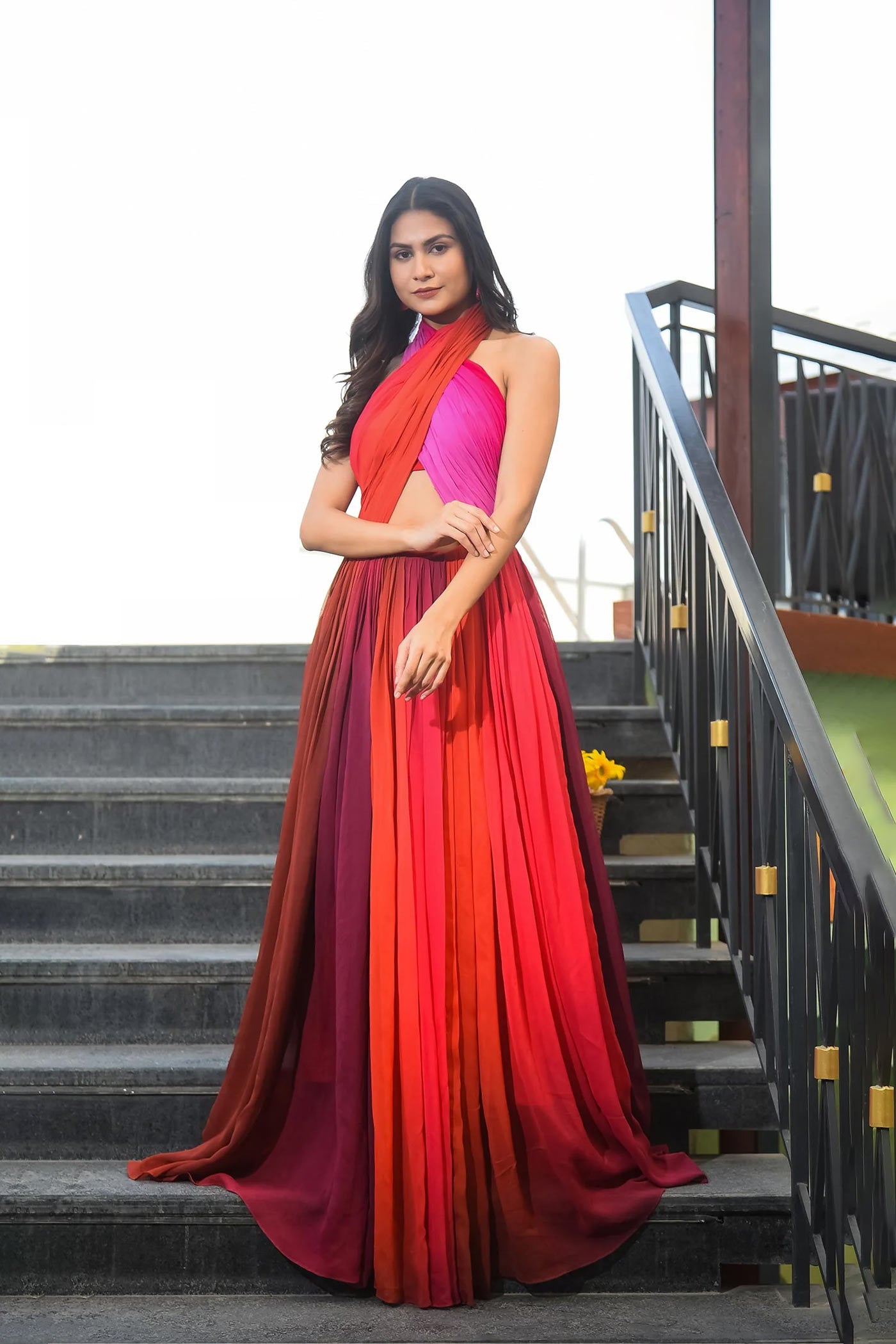 Ombre Halter Neck Flare Long Dress