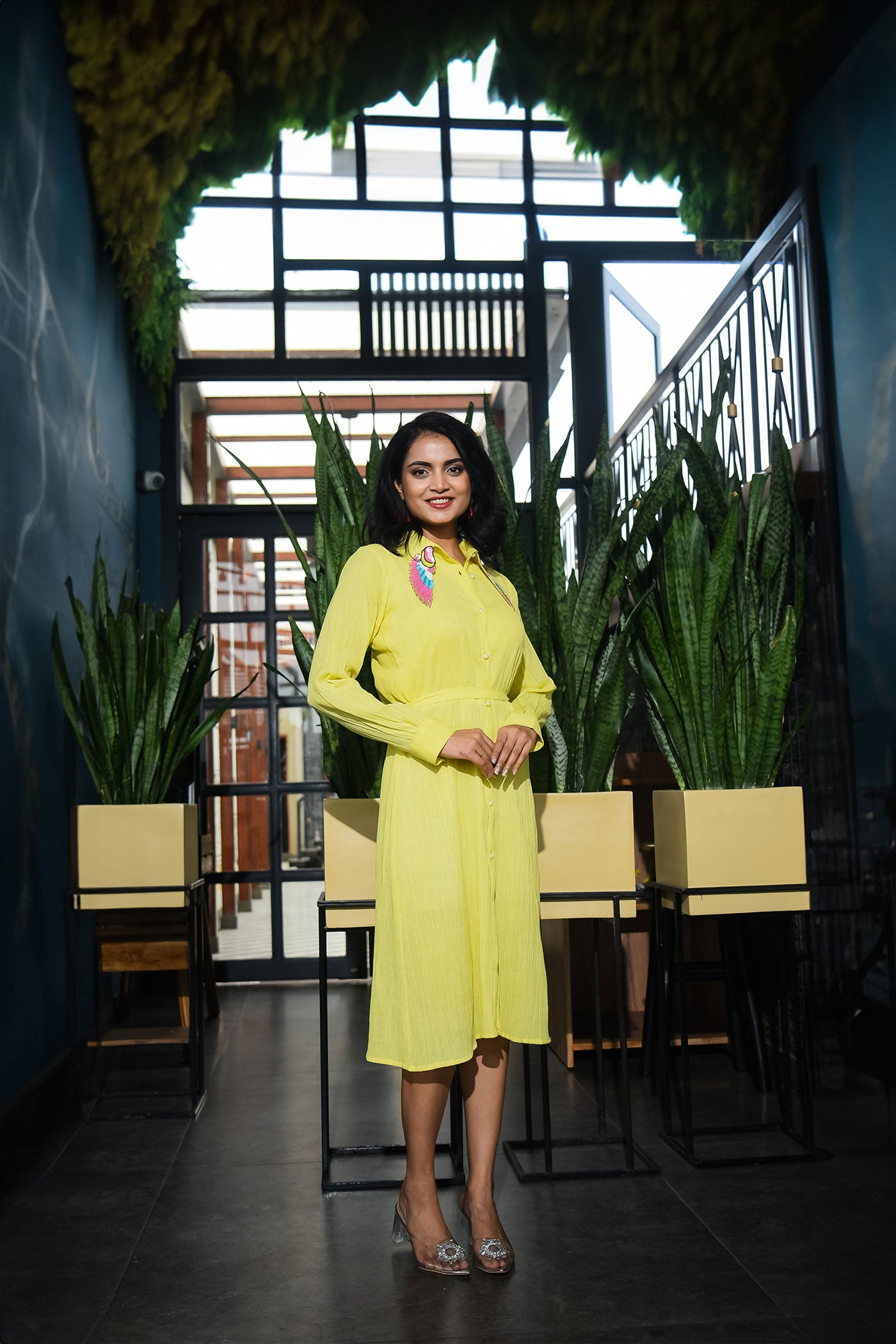 Lemon yellow Highlighted Collar Shirt dress