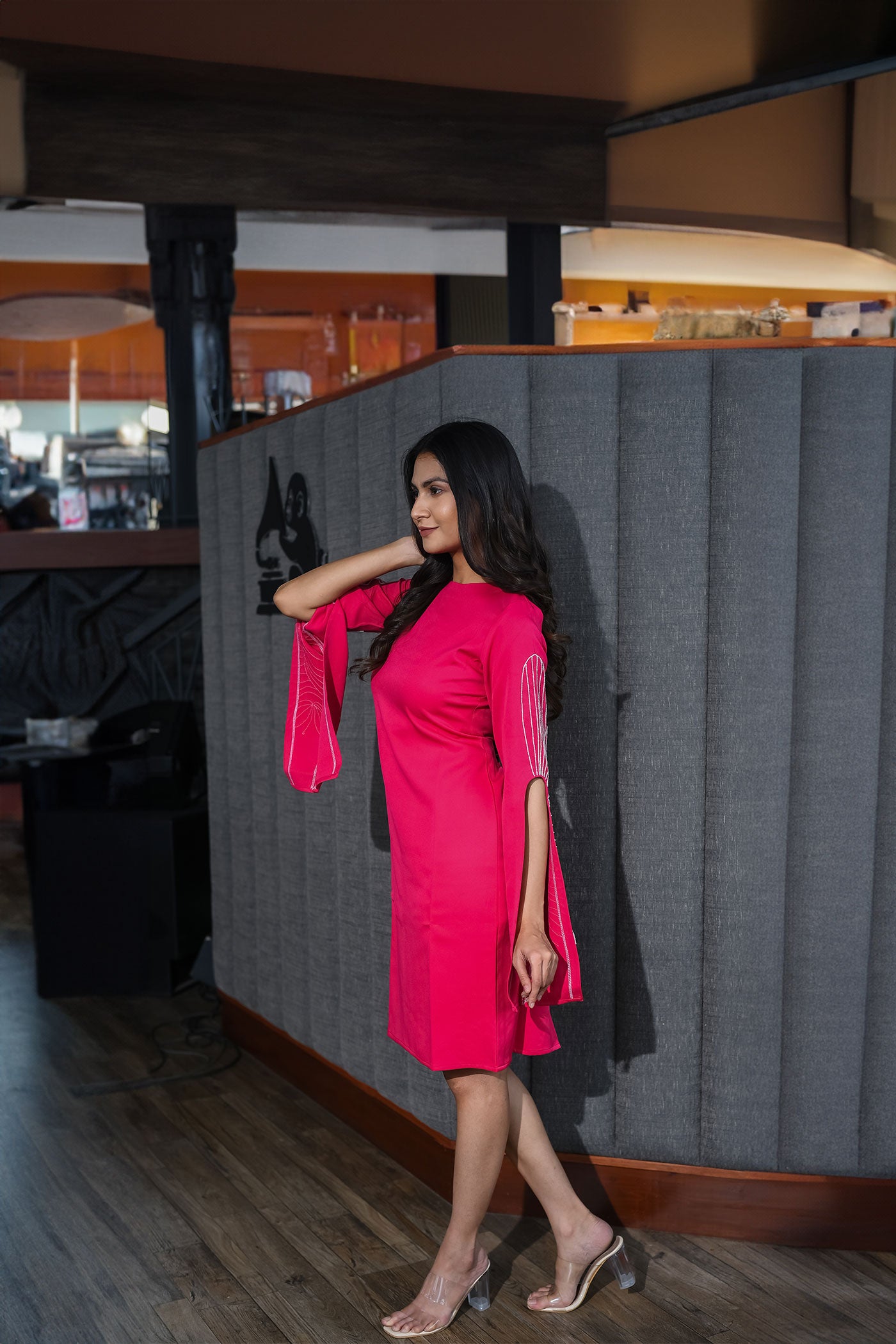 Rasberry Pearl highlighted long sleeve party dress