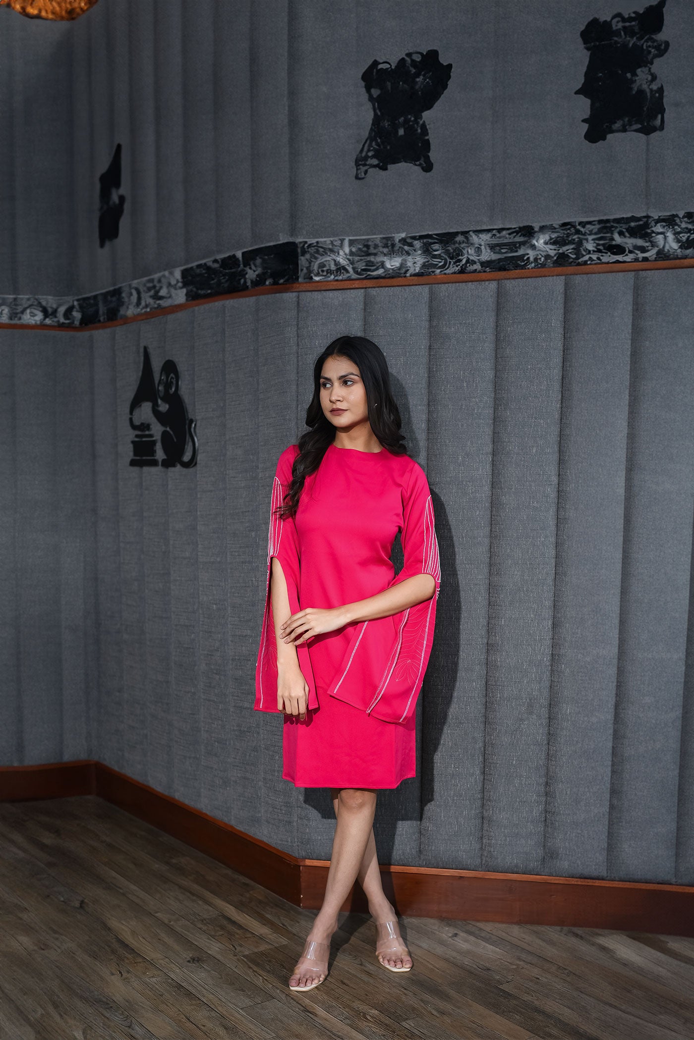 Rasberry Pearl highlighted long sleeve party dress