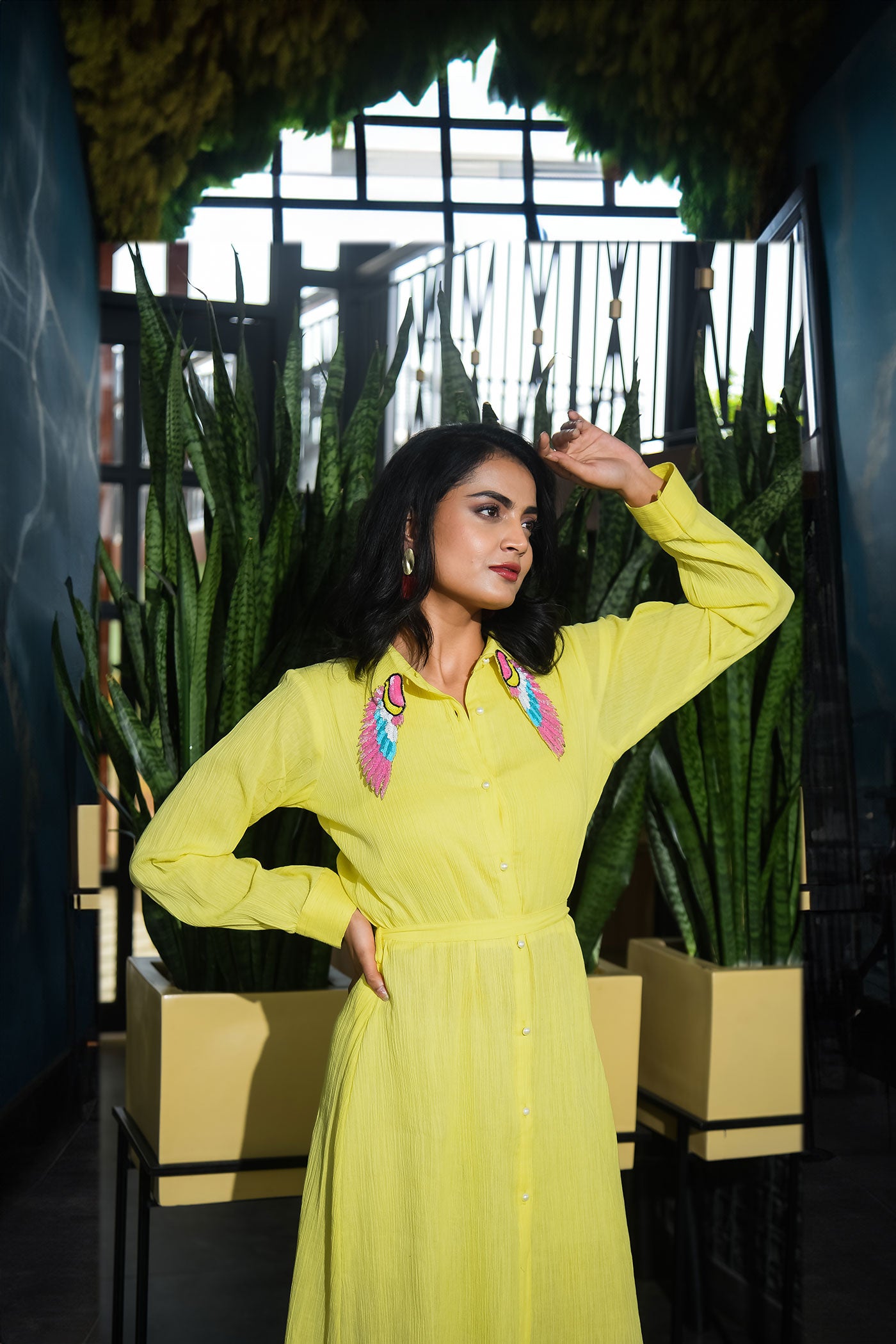 Lemon yellow Highlighted Collar Shirt dress