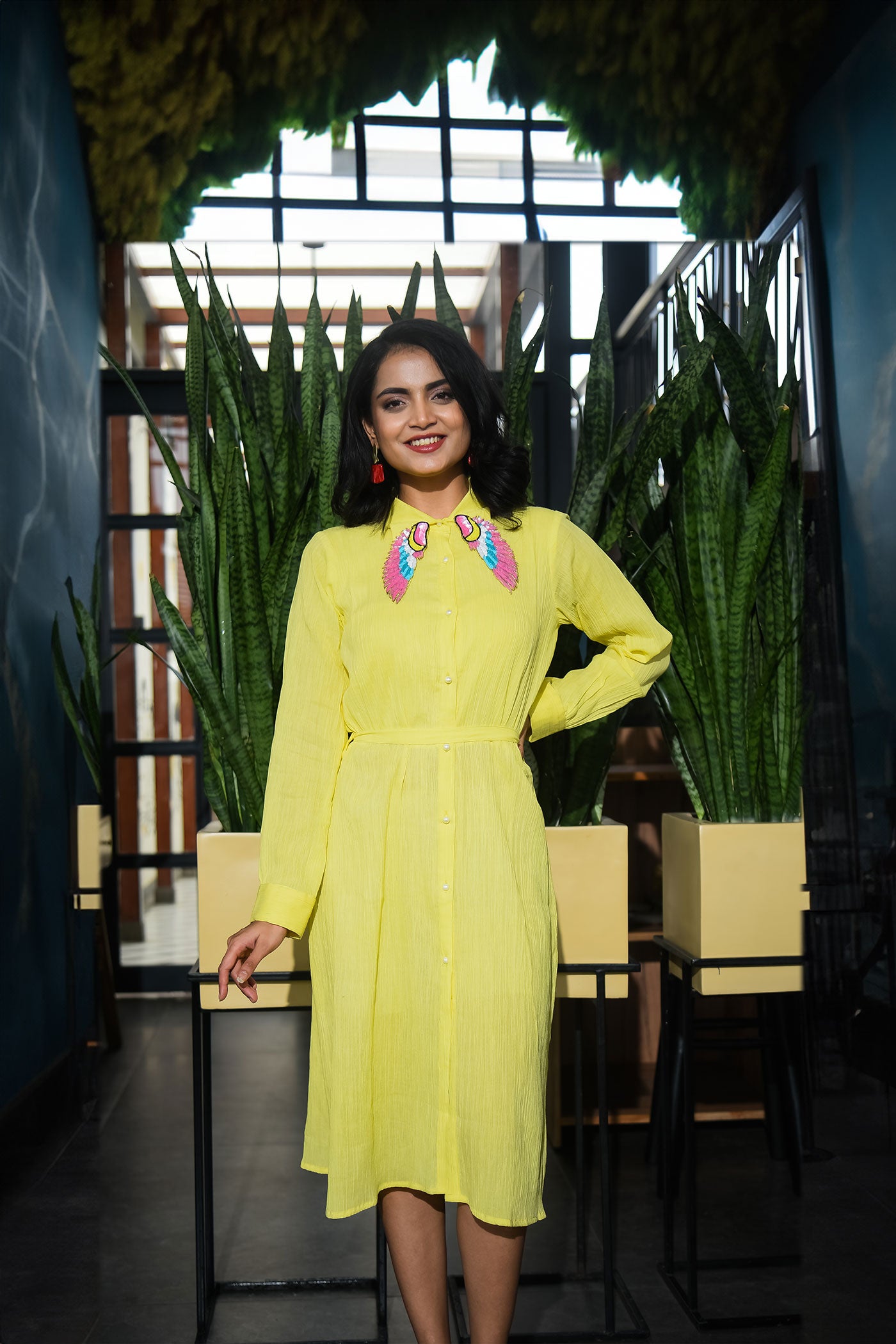 Lemon yellow Highlighted Collar Shirt dress