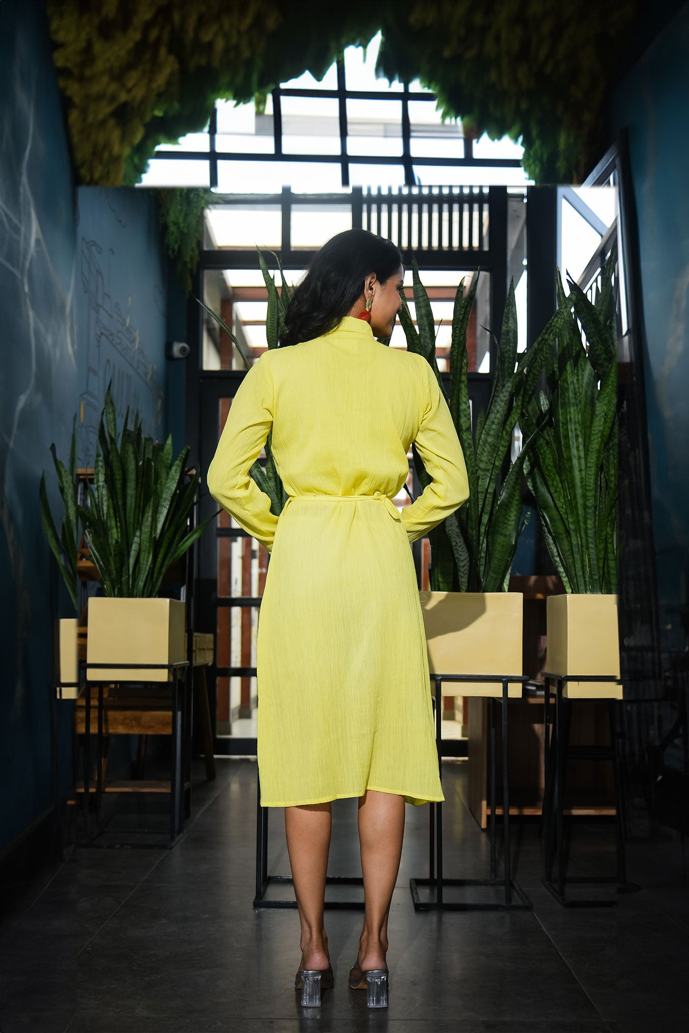 Lemon yellow Highlighted Collar Shirt dress