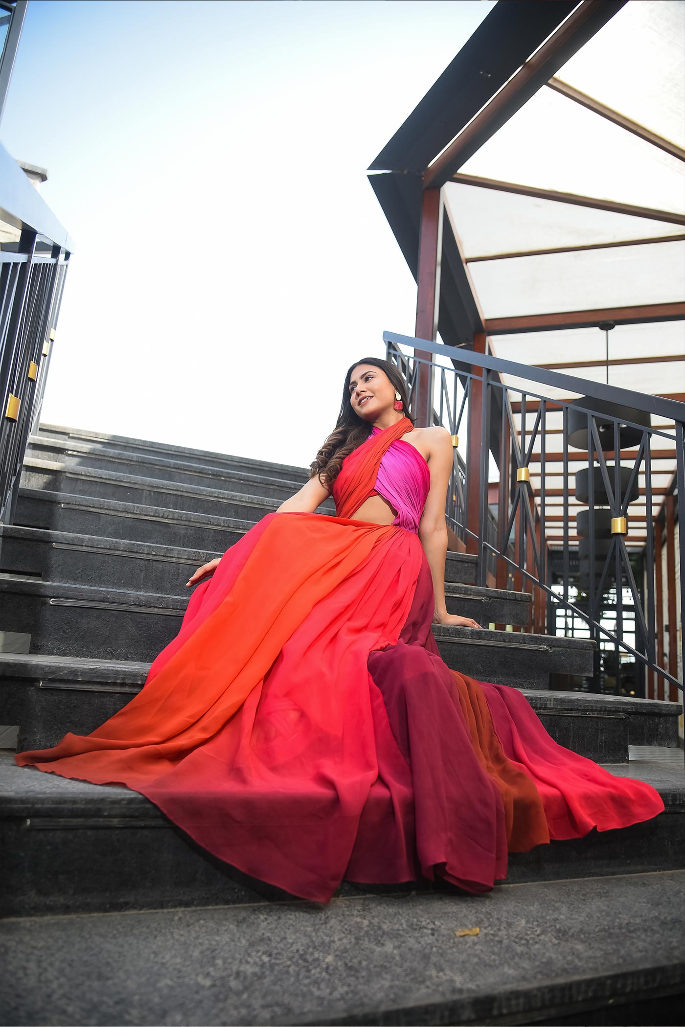 Ombre Halter Neck Flare Long Dress