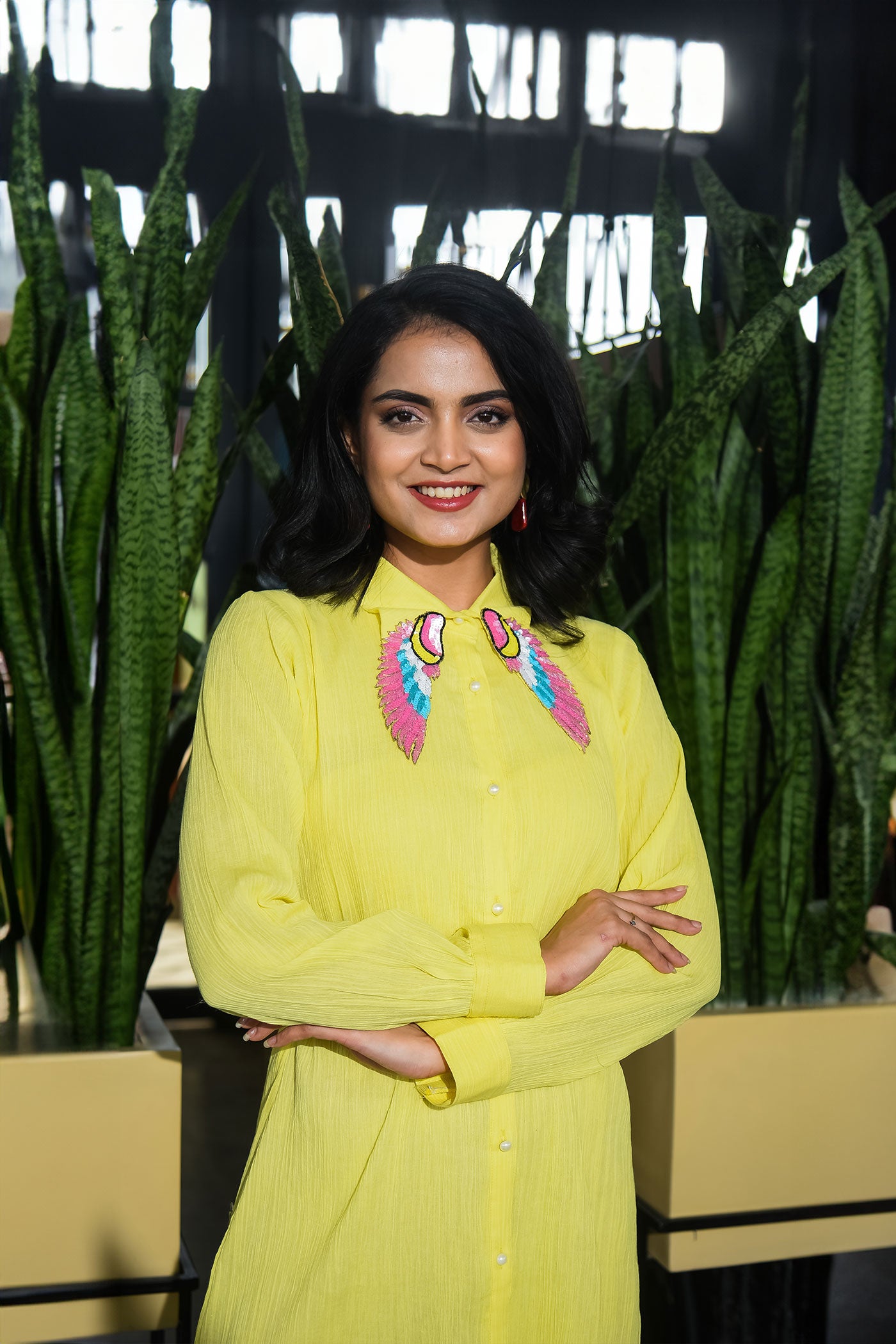 Lemon yellow Highlighted Collar Shirt dress
