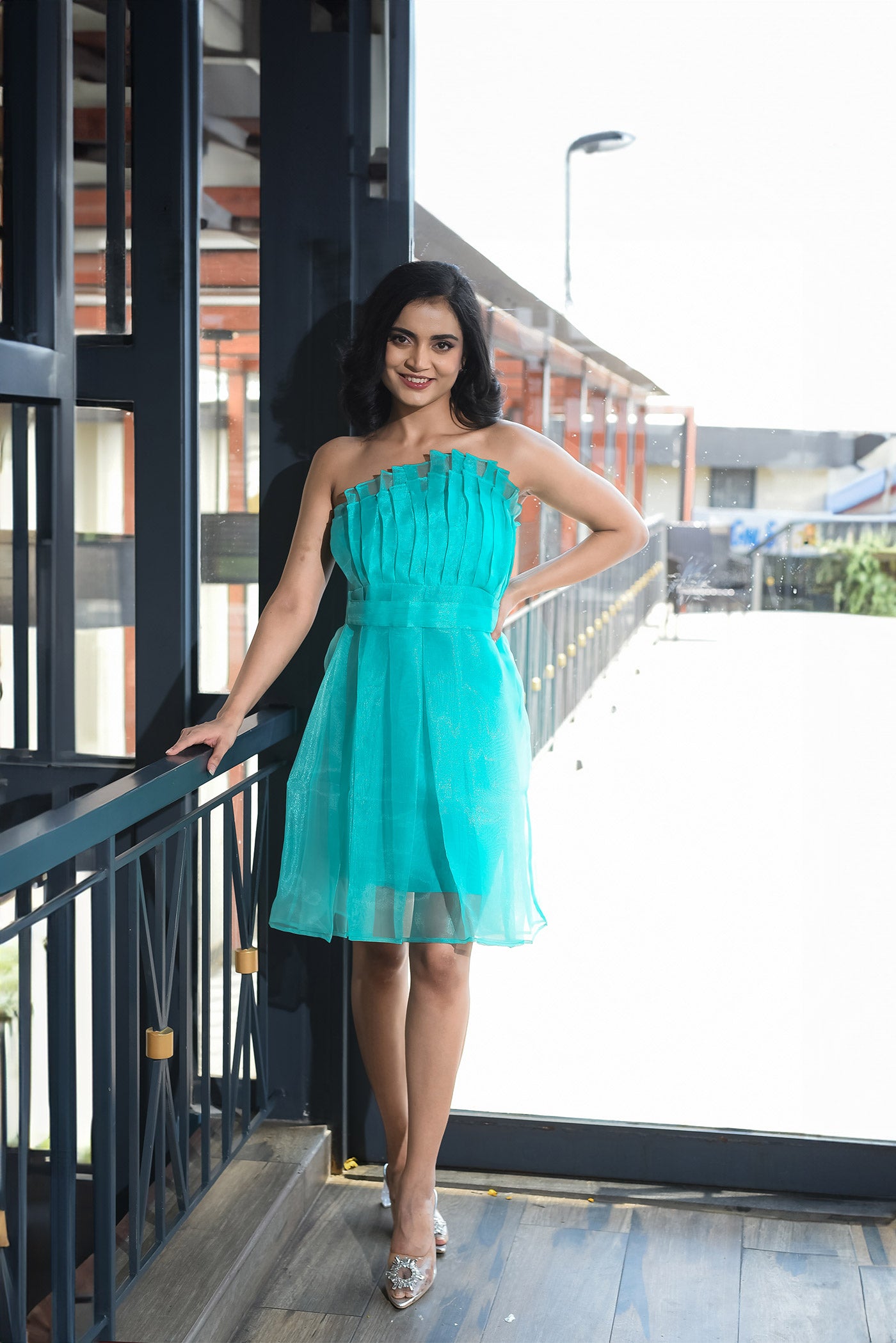 Blue Babydoll Off- Shoulder Dress