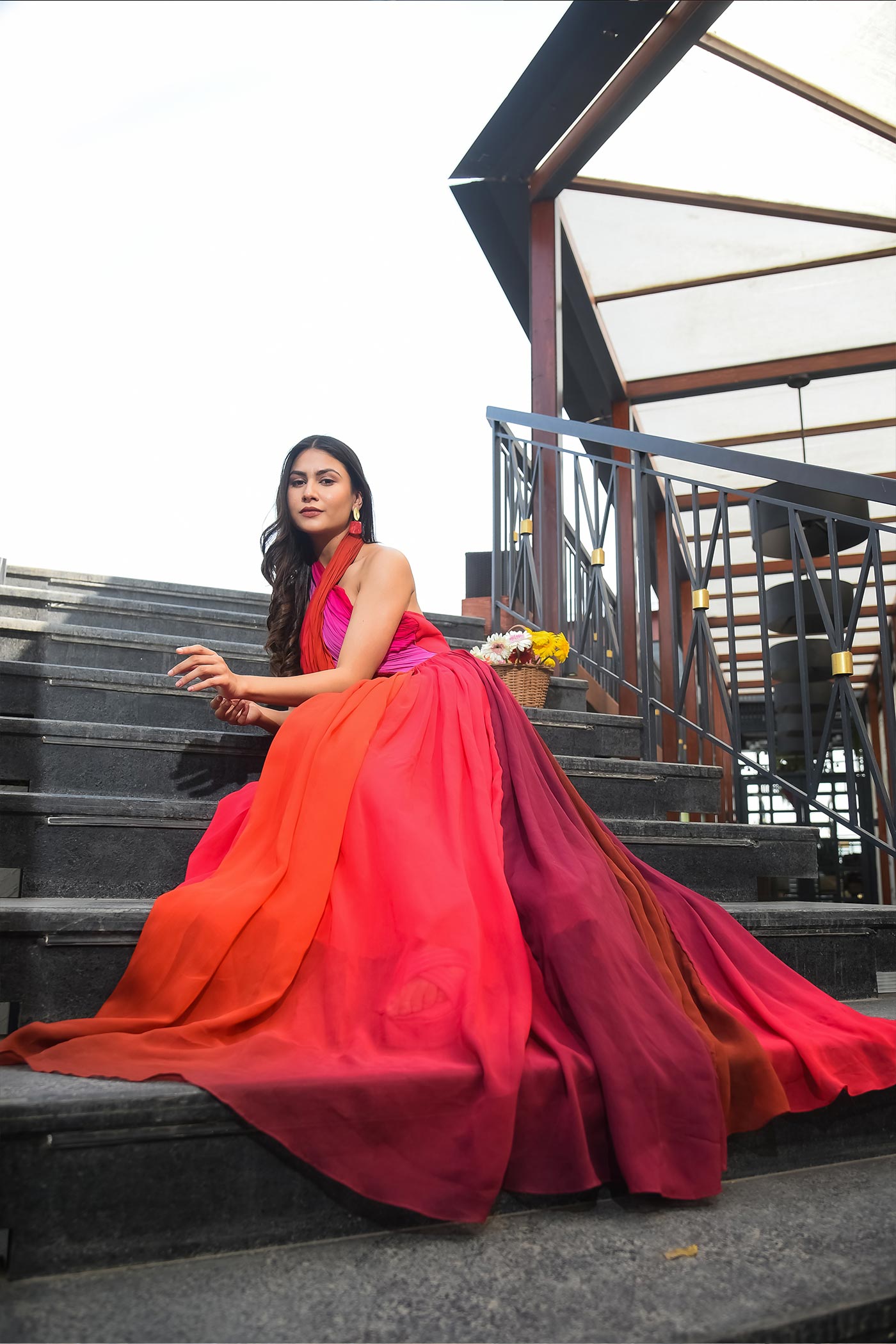 Ombre Halter Neck Flare Long Dress