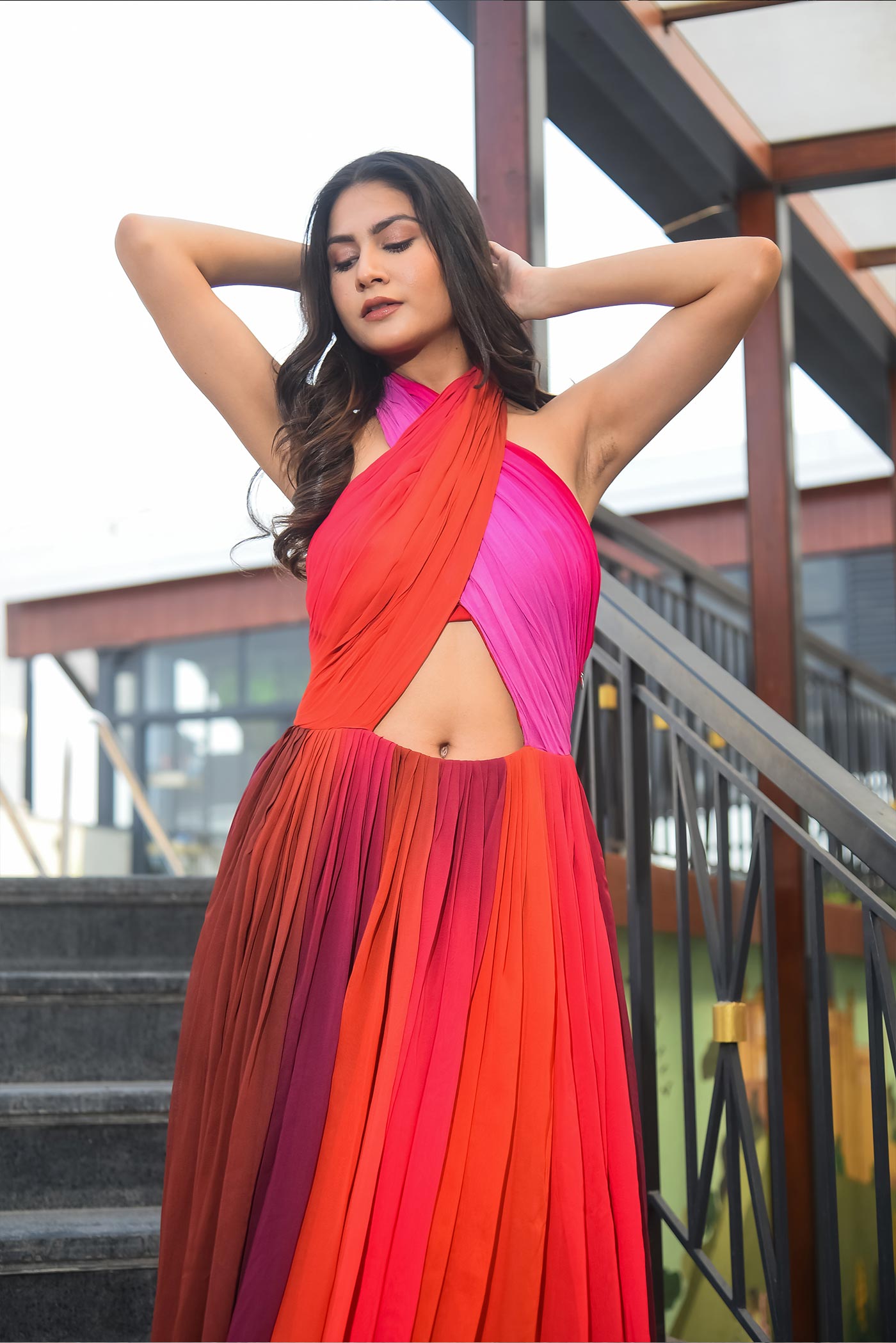 Ombre Halter Neck Flare Long Dress