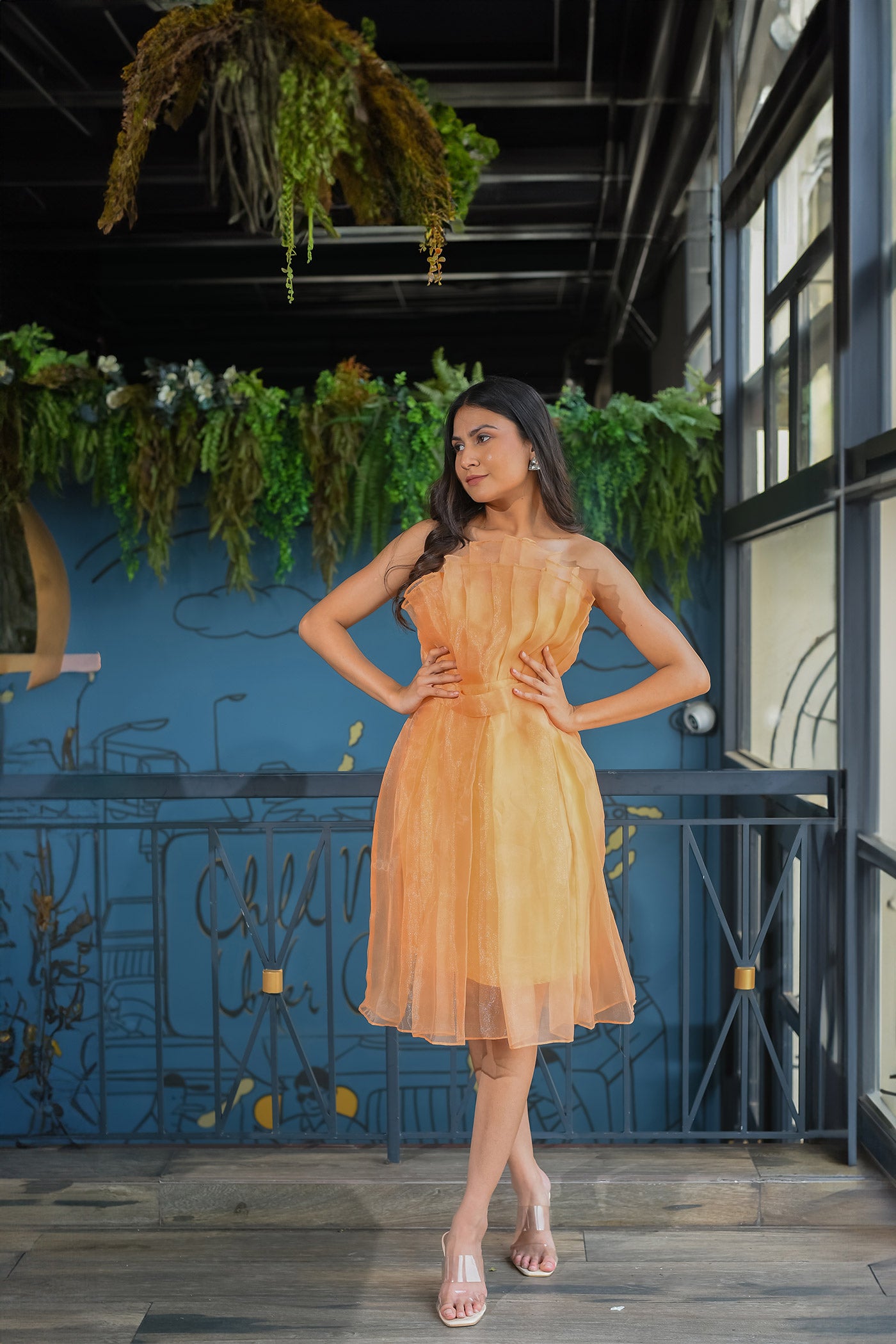 Orange peach Babydoll Off- shoulder Dress