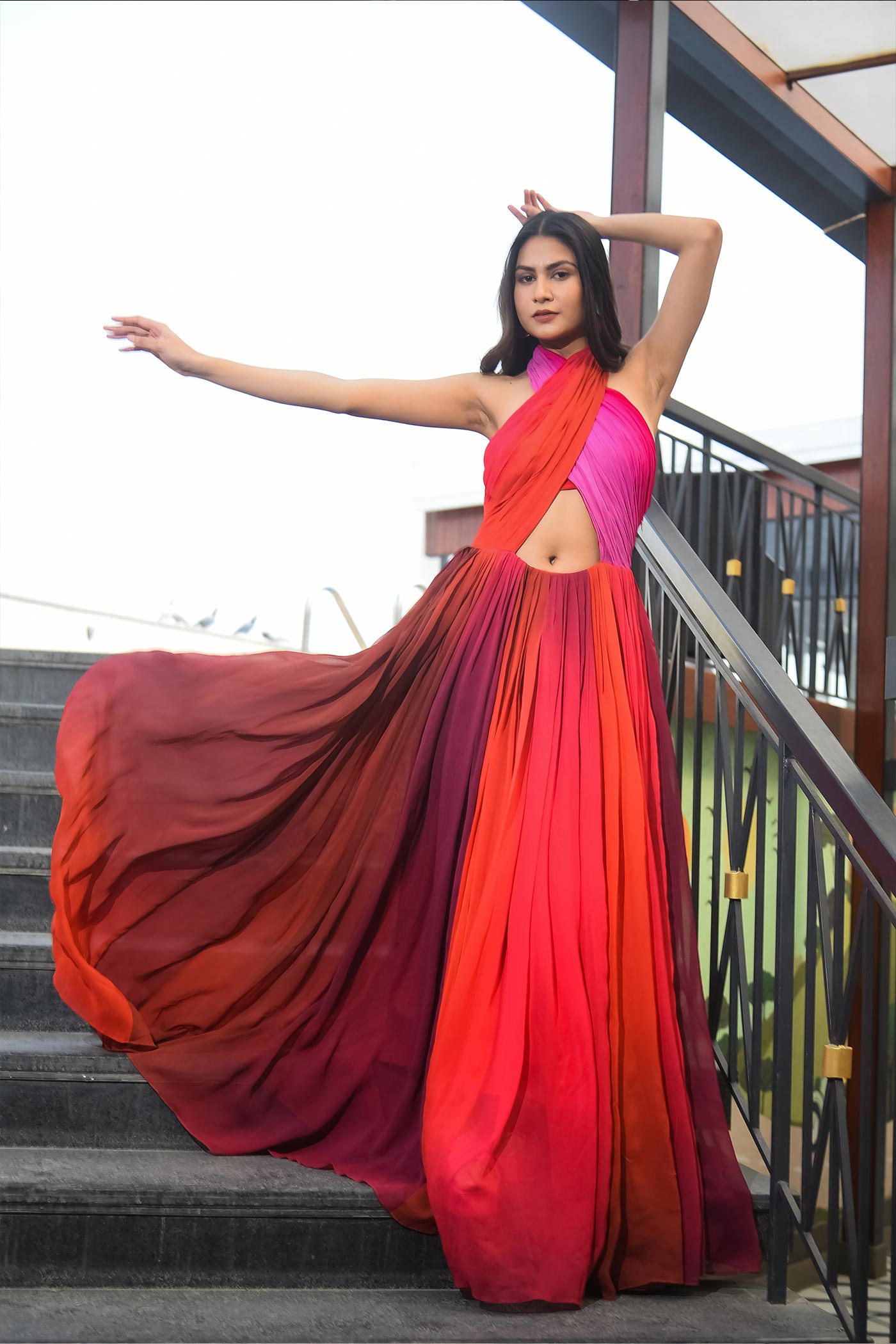 Ombre Halter Neck Flare Long Dress