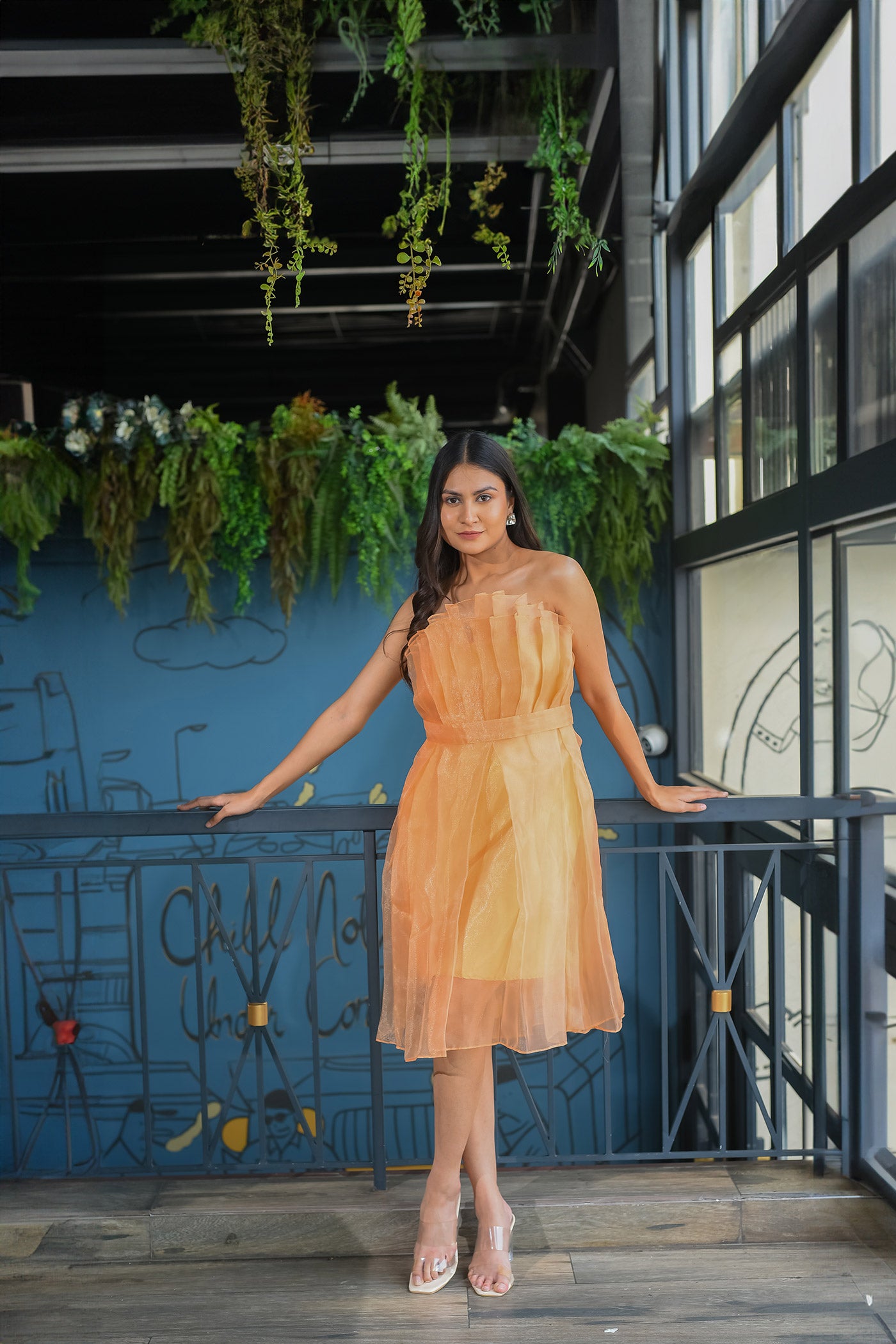 Orange peach Babydoll Off- shoulder Dress