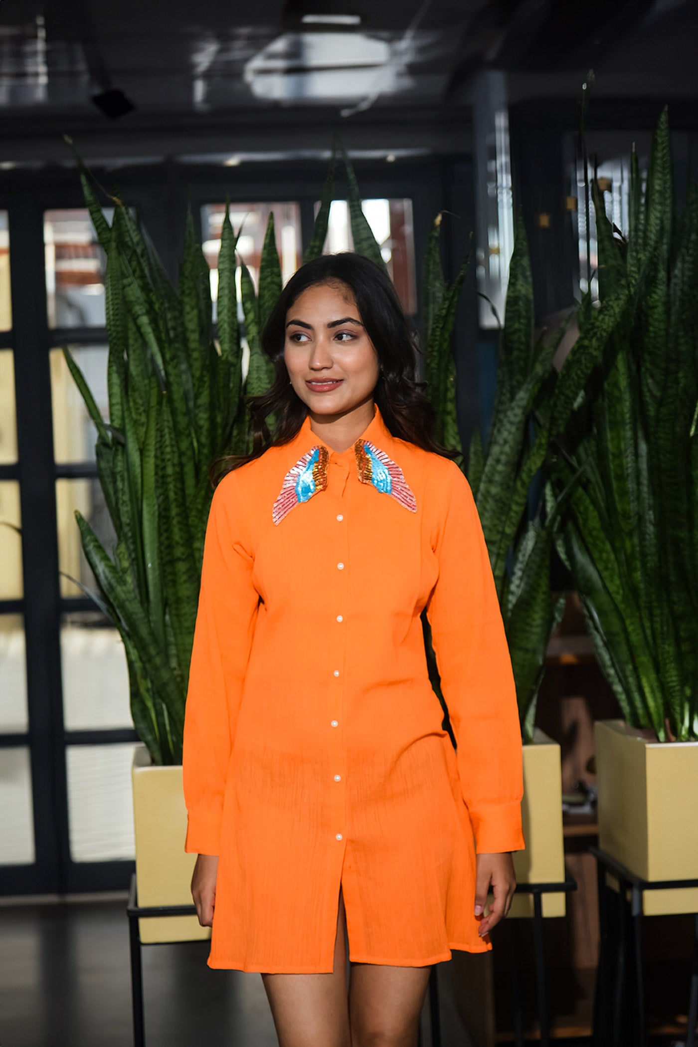 Orange Highlighted Collar Shirt Dress