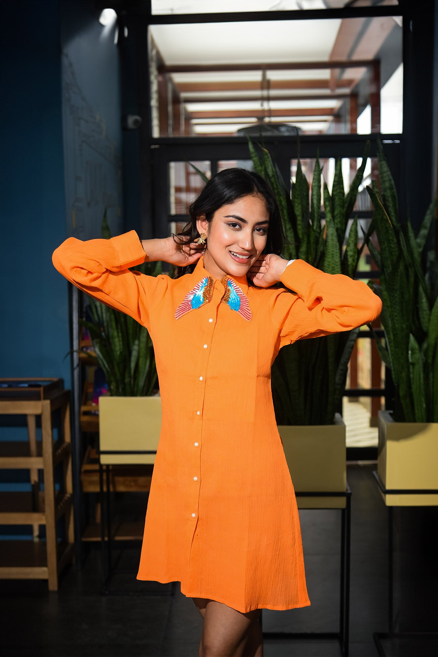 Orange Highlighted Collar Shirt Dress