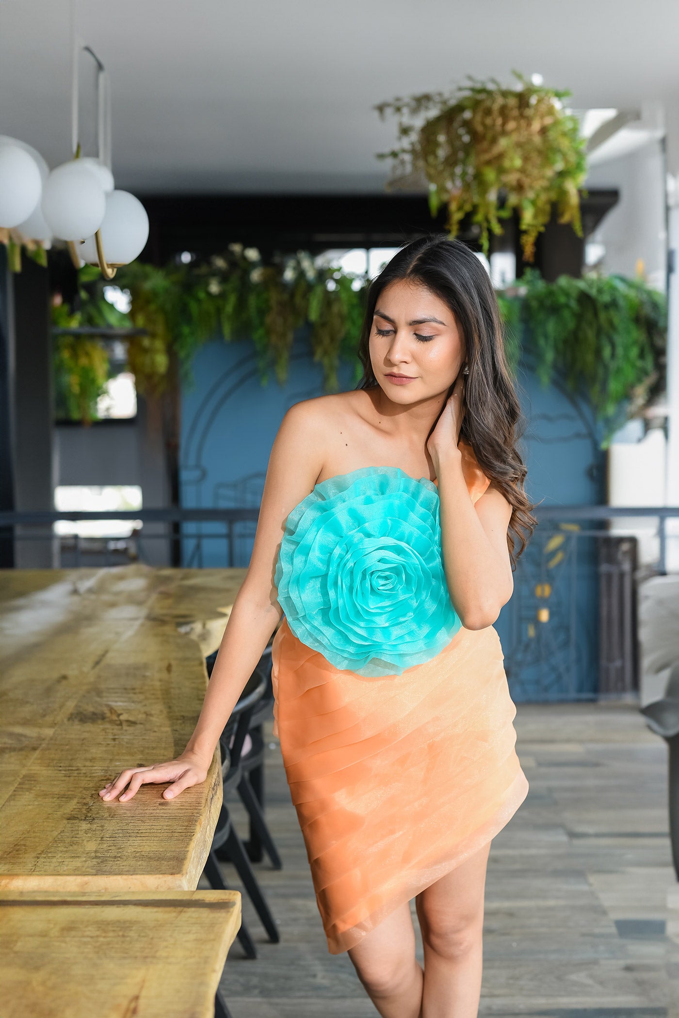 Blue Rose One Shoulder Layered Mini Dress