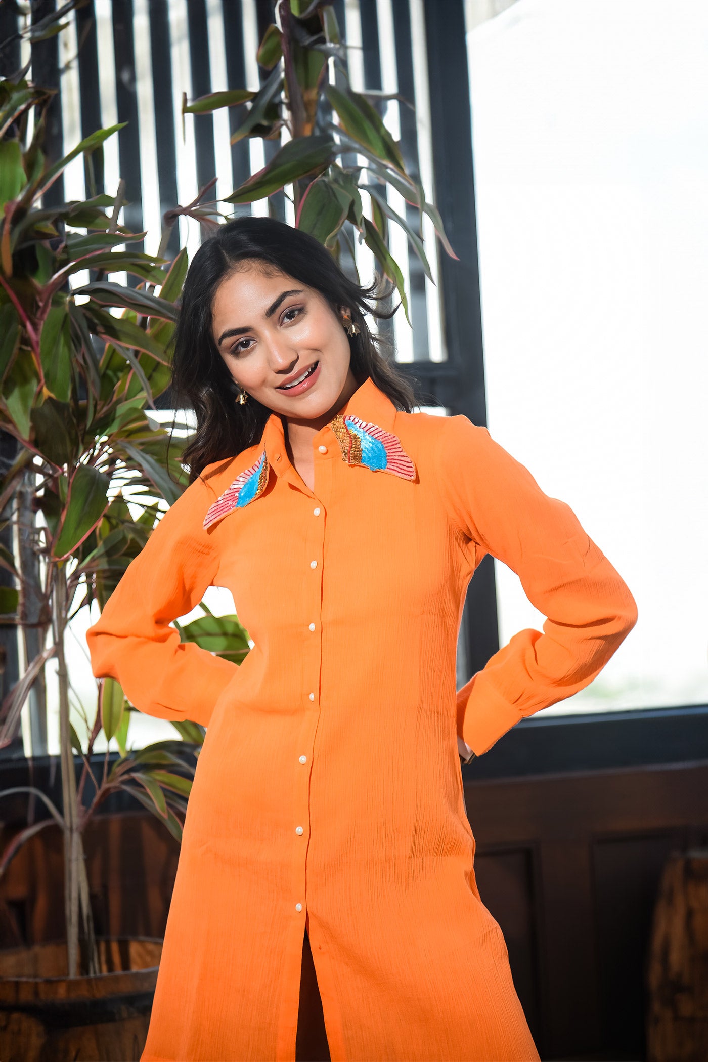Orange Highlighted Collar Shirt Dress