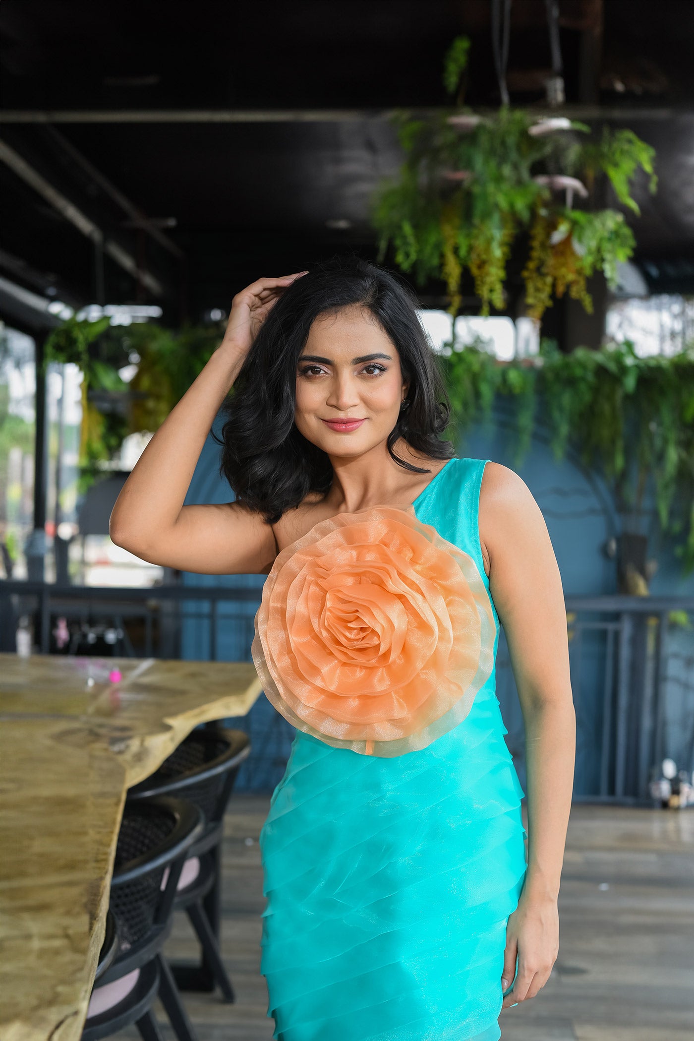 Peach rose one shoulder layered mini dress