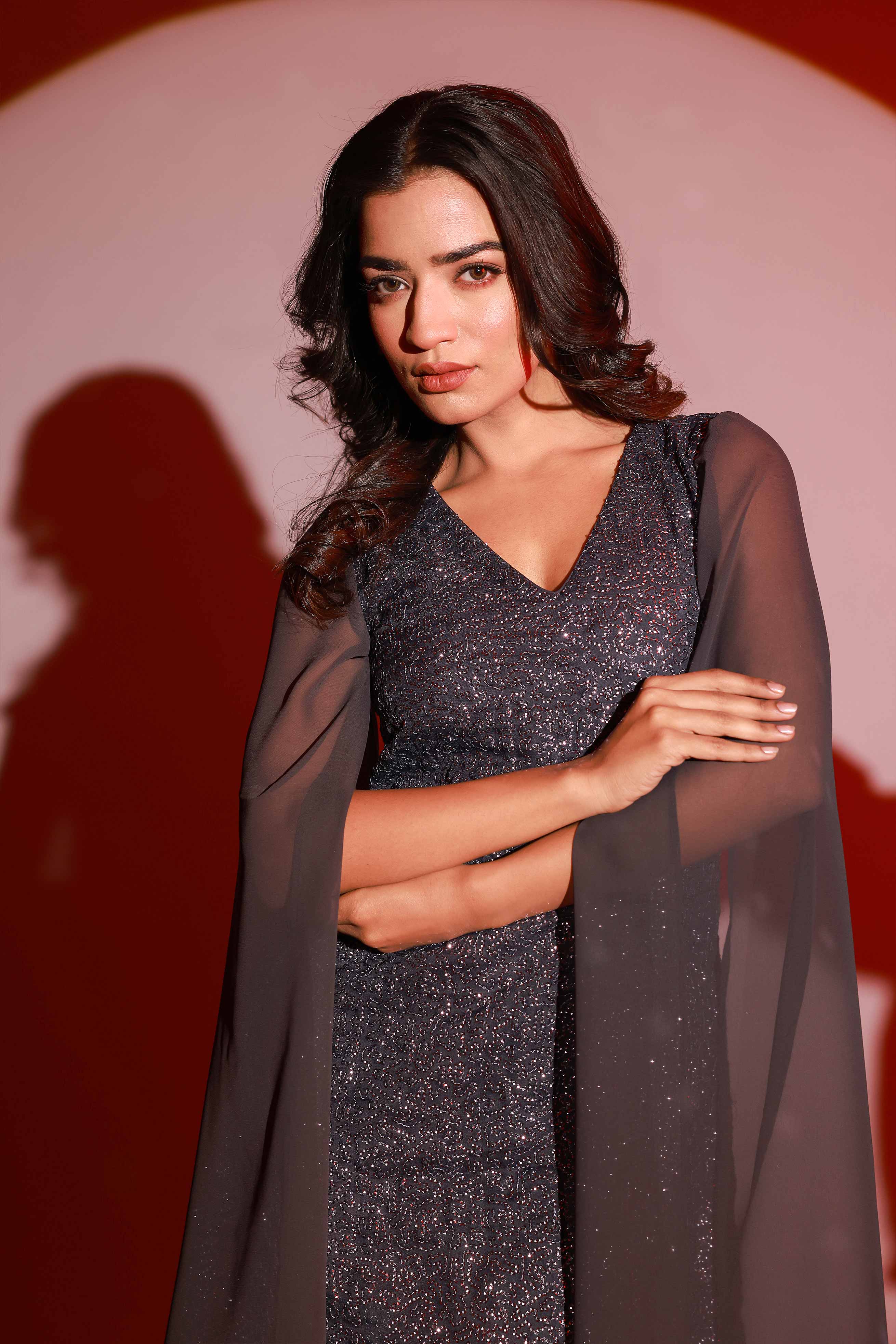 Grey Cape Sleeve Sequin Dress
