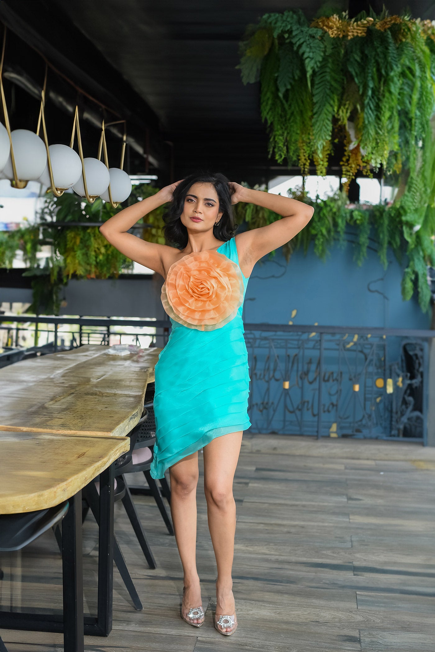 Peach rose one shoulder layered mini dress