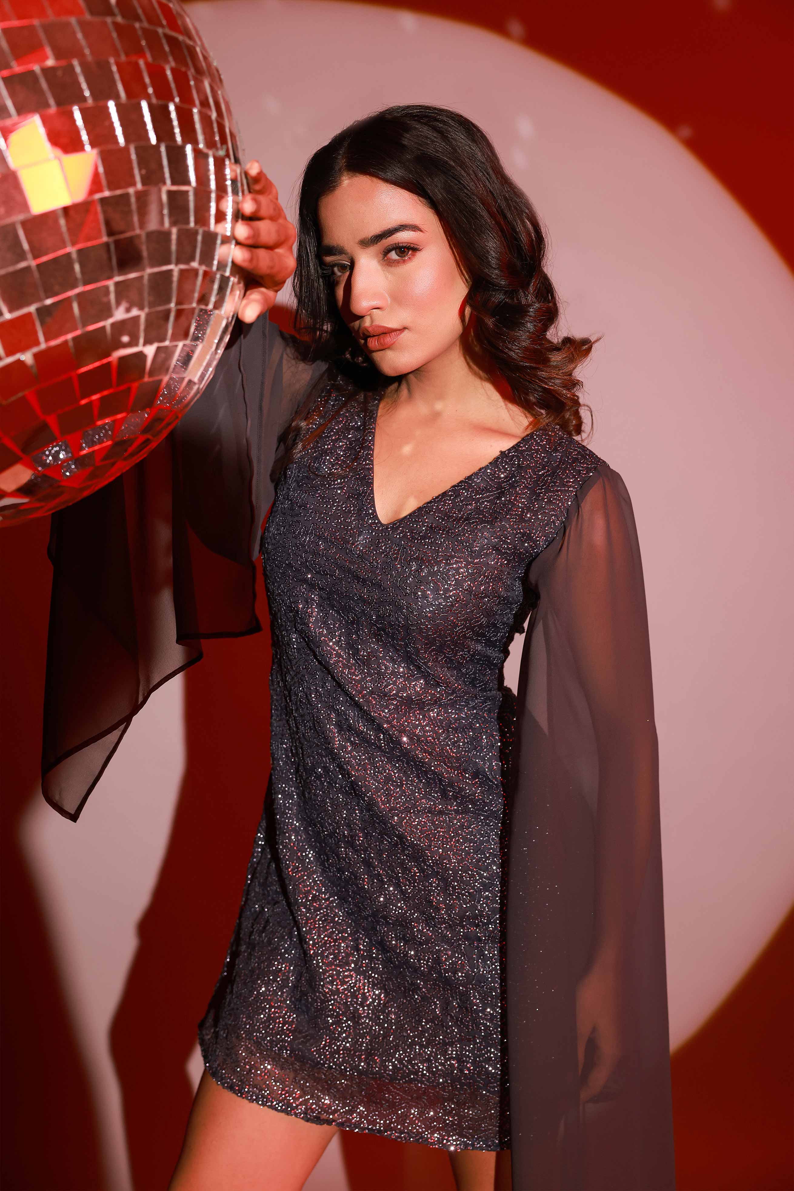 Grey Cape Sleeve Sequin Dress