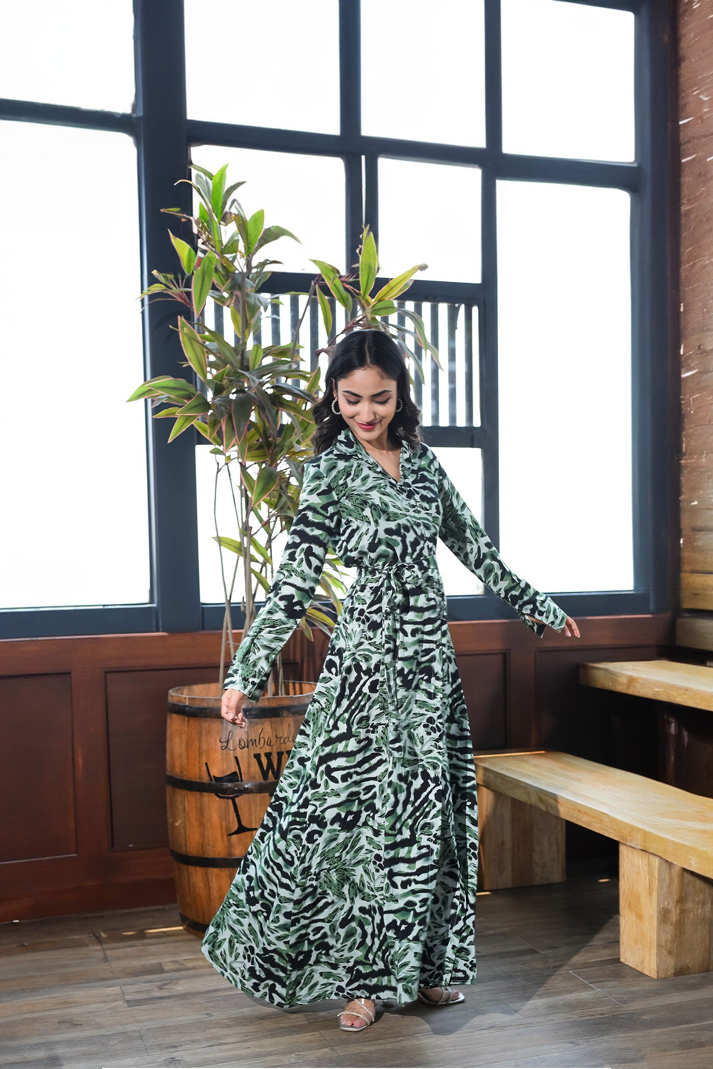 Green Animal print shirt dress