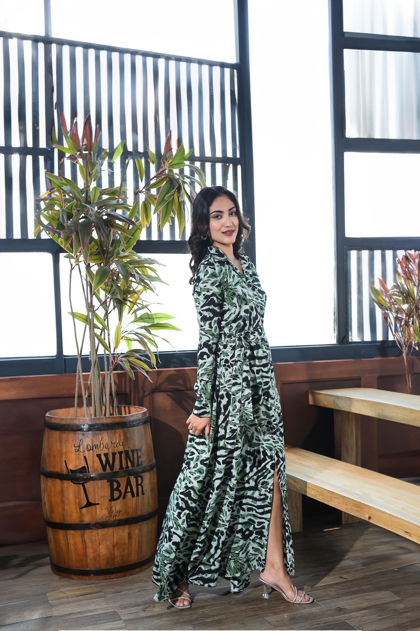 Green Animal print shirt dress