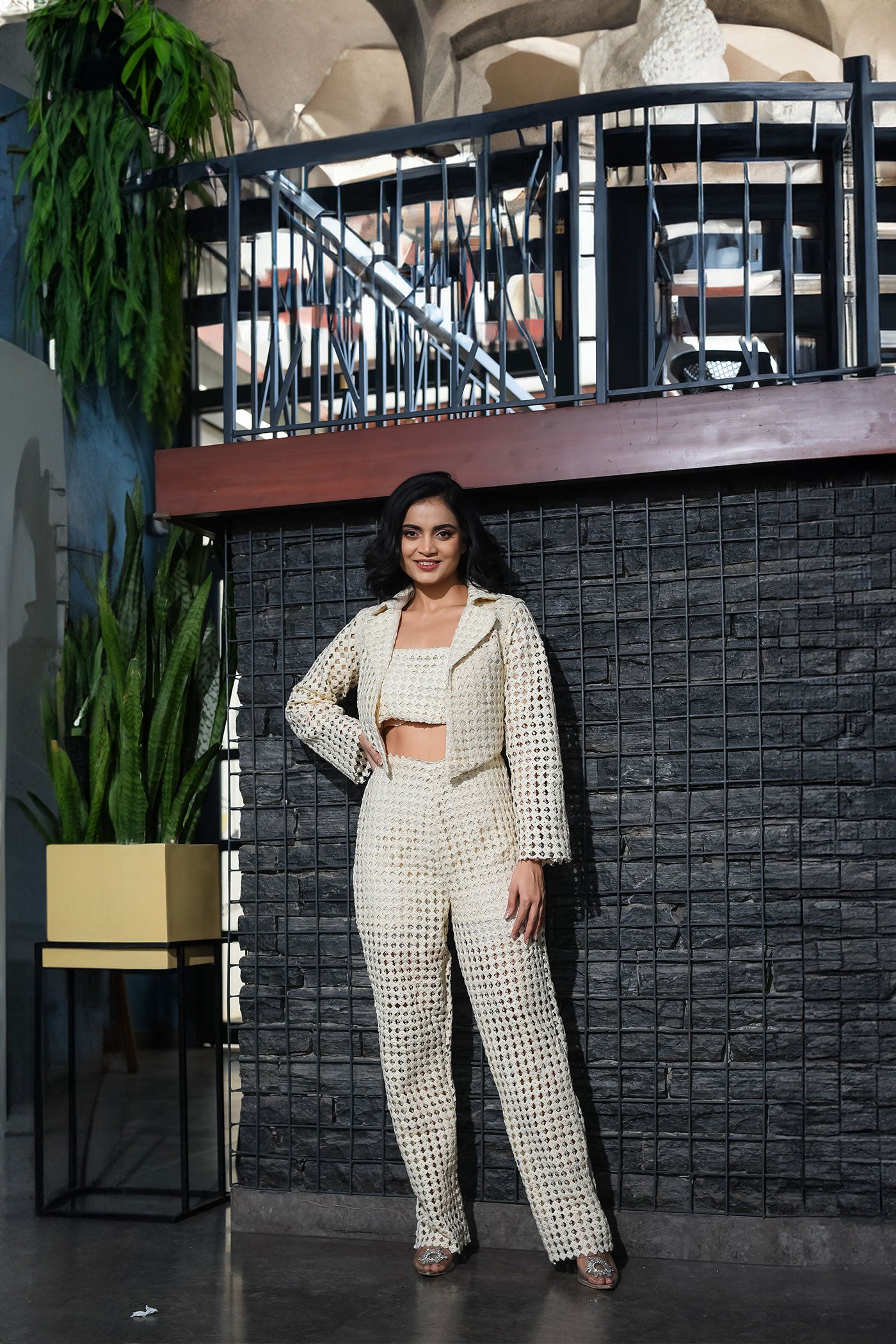 Beige Crocia Sequins Coordinate