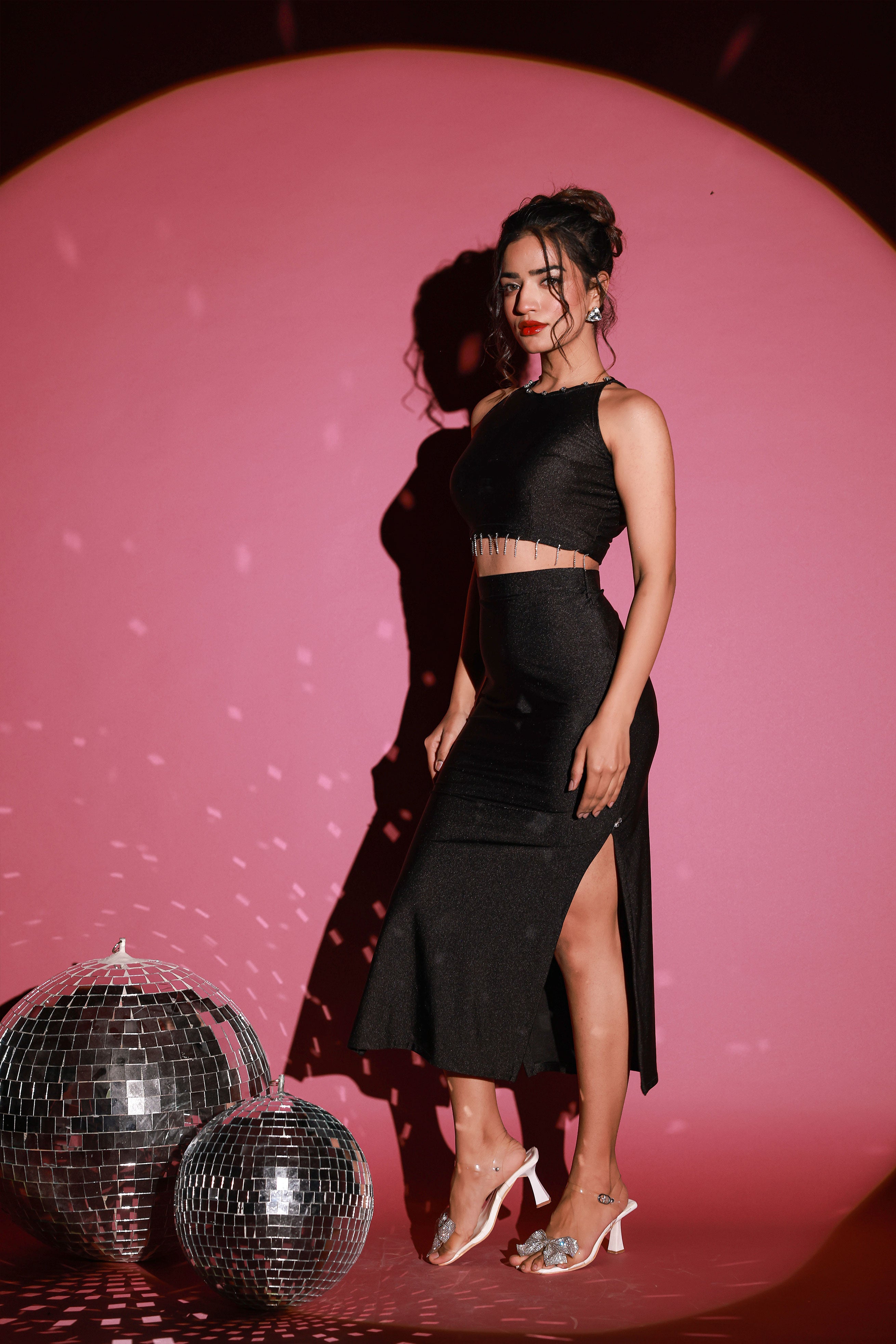 Black Highlighted Croptop Skirt Set