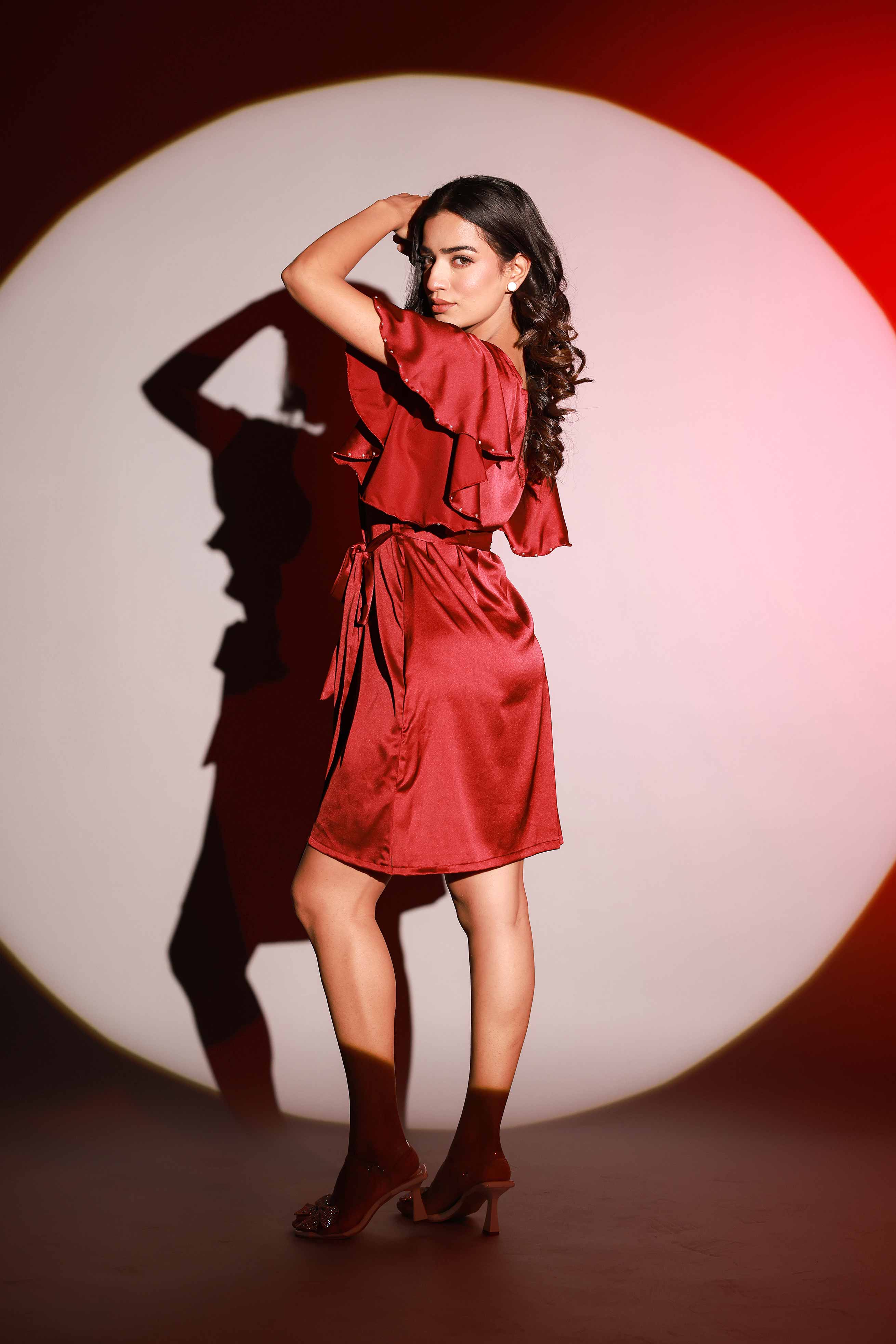 Mehroon Red Pearl Mini Dress