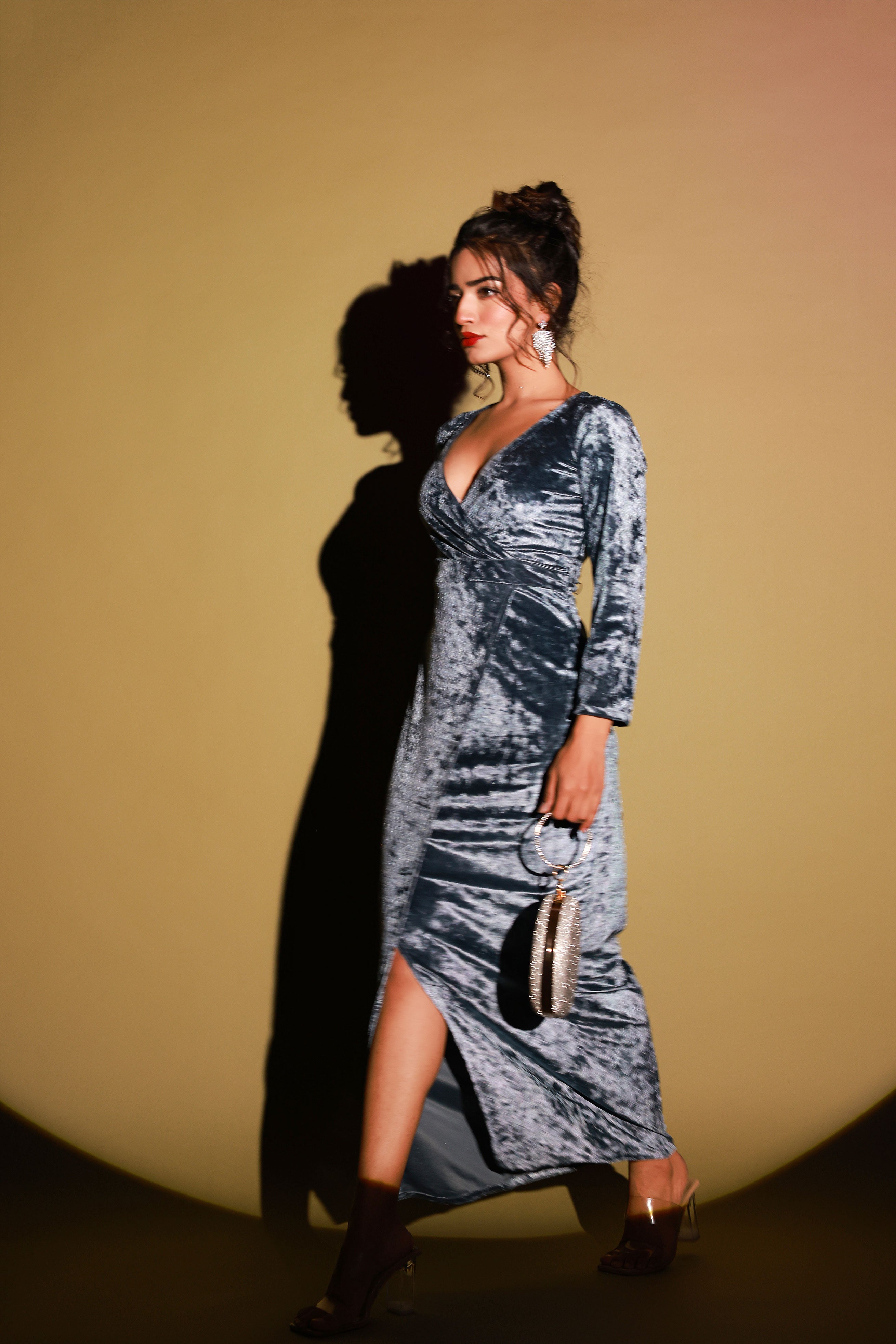 Steel Blue Velvet Evening Dress