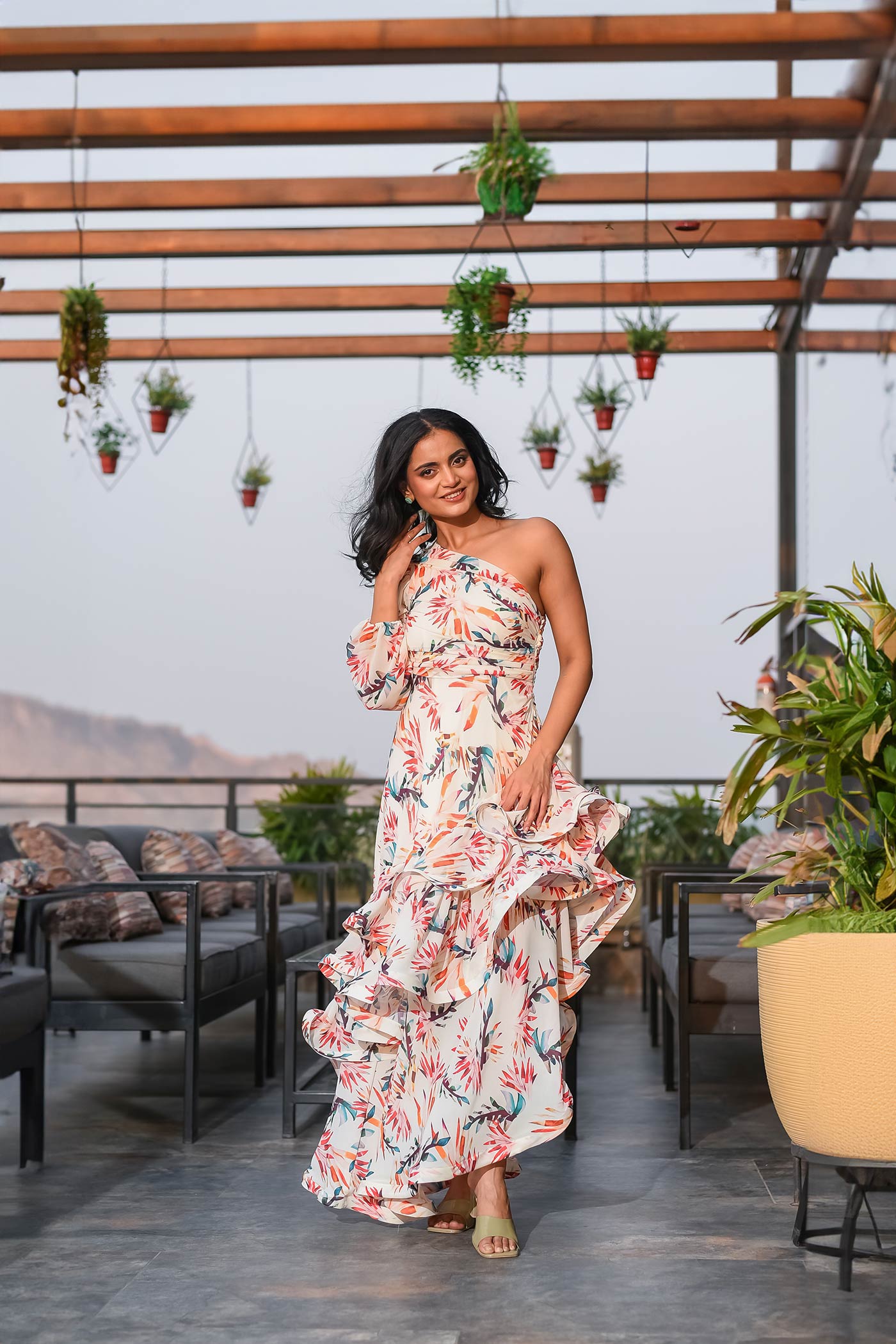 Tropical One Shoulder Frill Asymmetric Dress