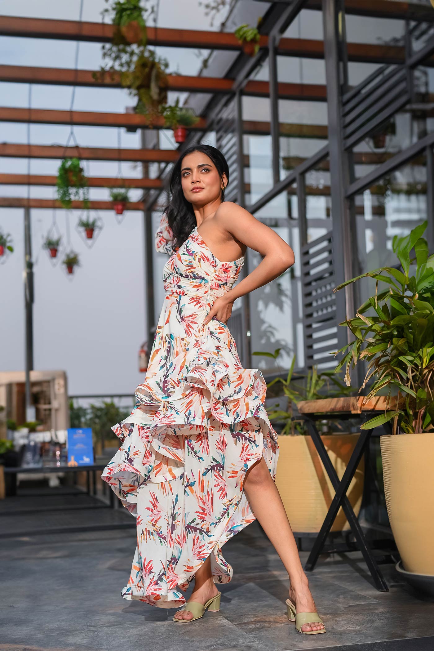 Tropical One Shoulder Frill Asymmetric Dress