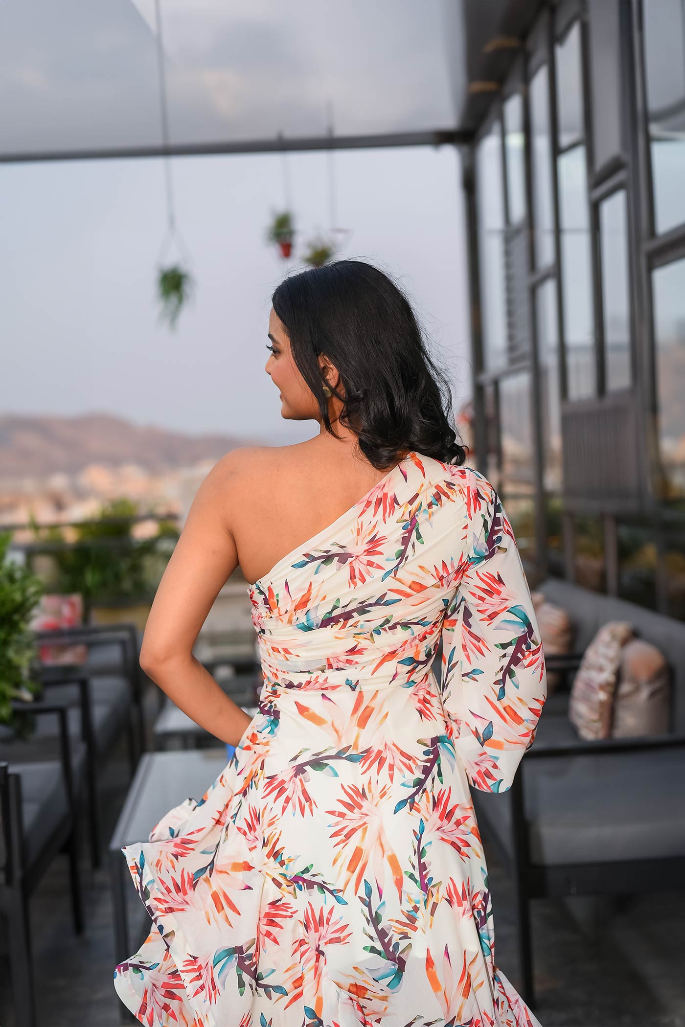 Tropical One Shoulder Frill Asymmetric Dress