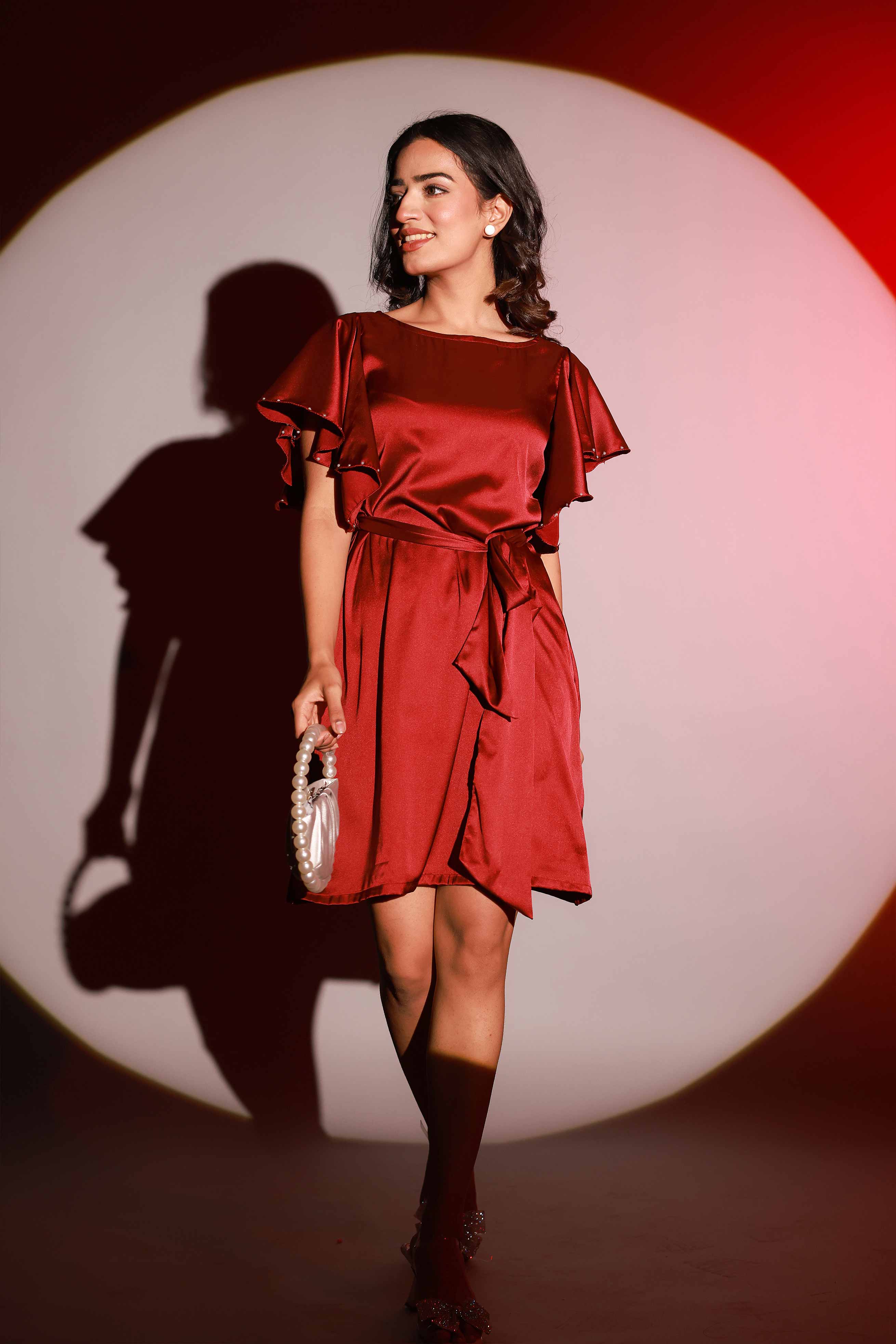 Mehroon Red Pearl Mini Dress