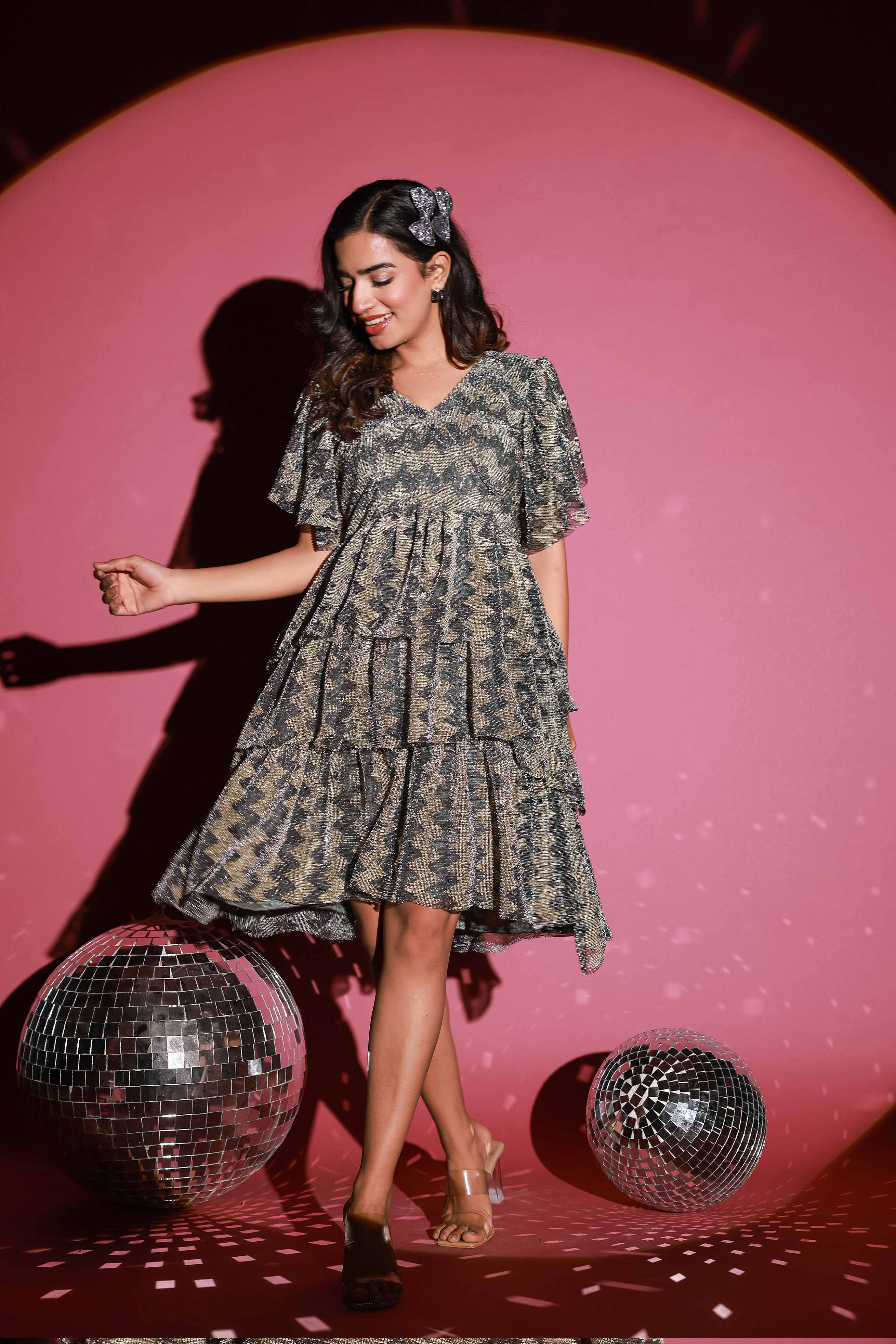 Golden Grey Frill Dress