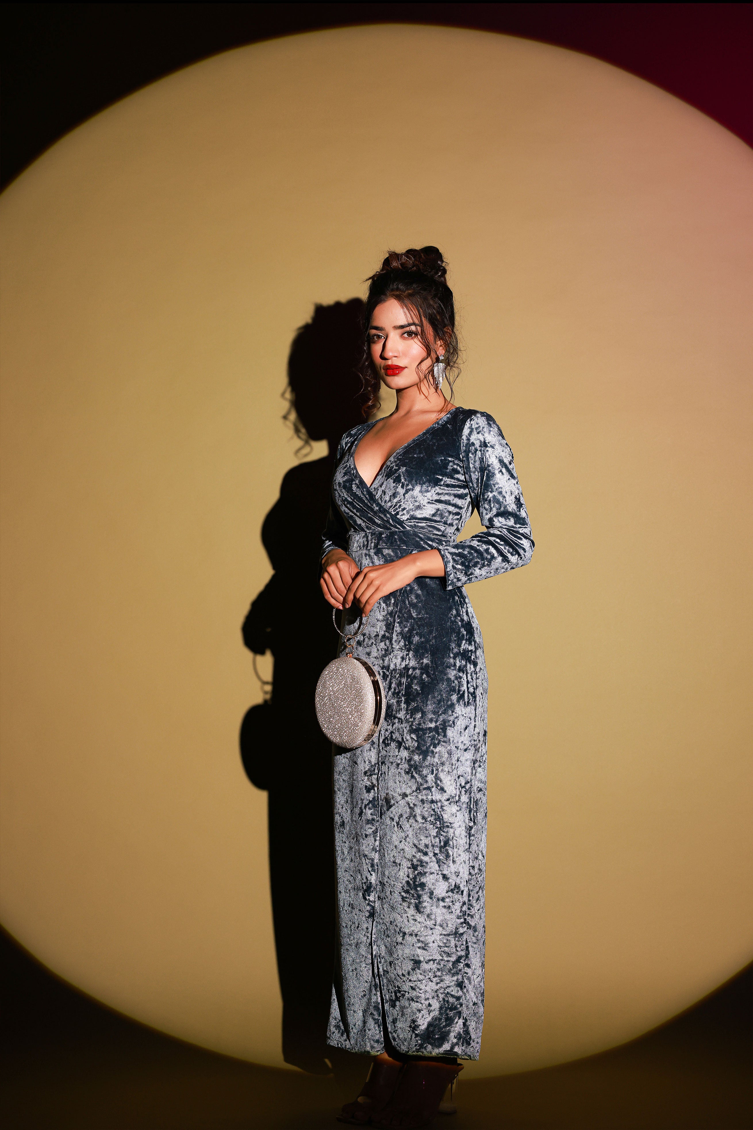 Steel Blue Velvet Evening Dress