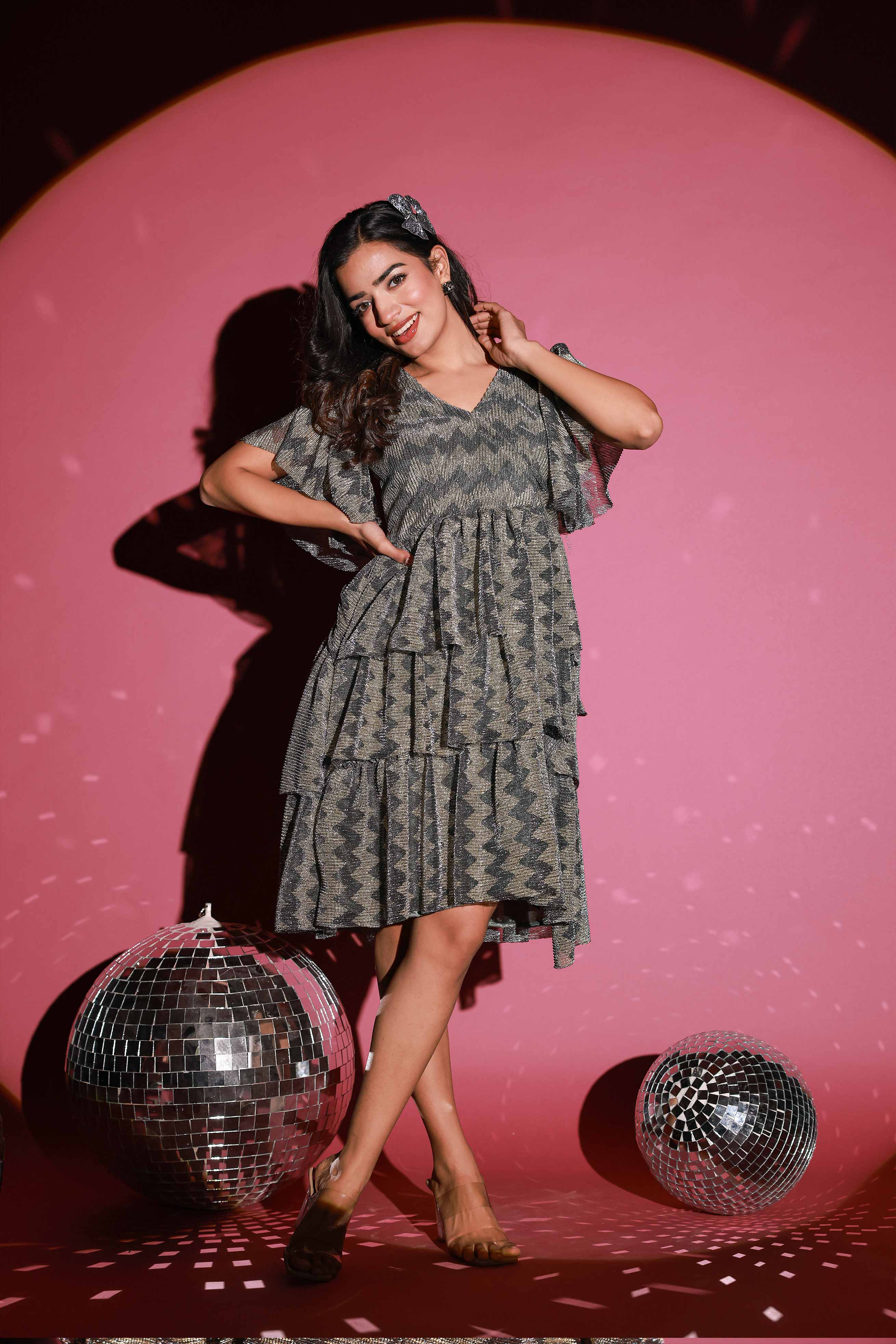 Golden Grey Frill Dress