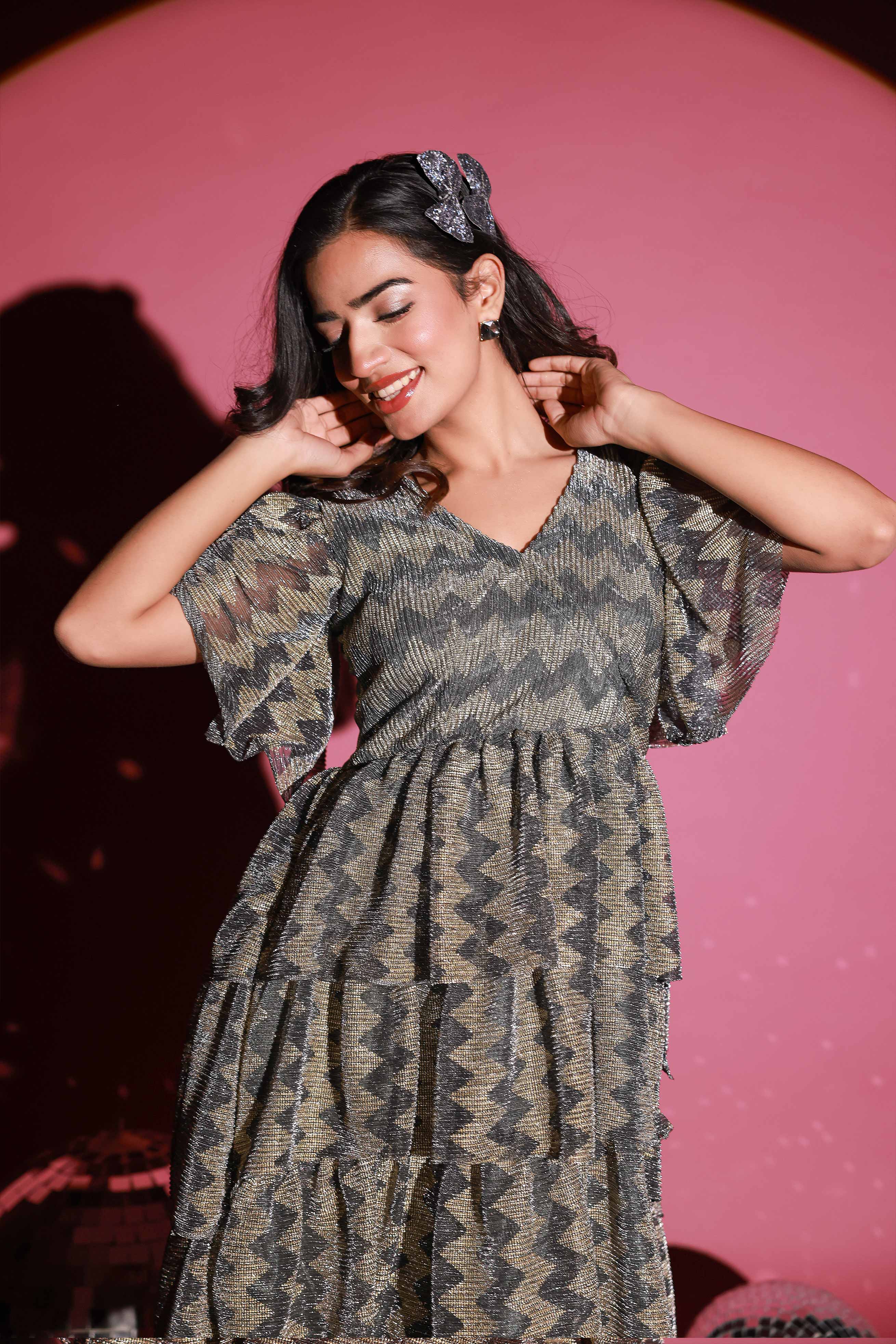 Golden Grey Frill Dress