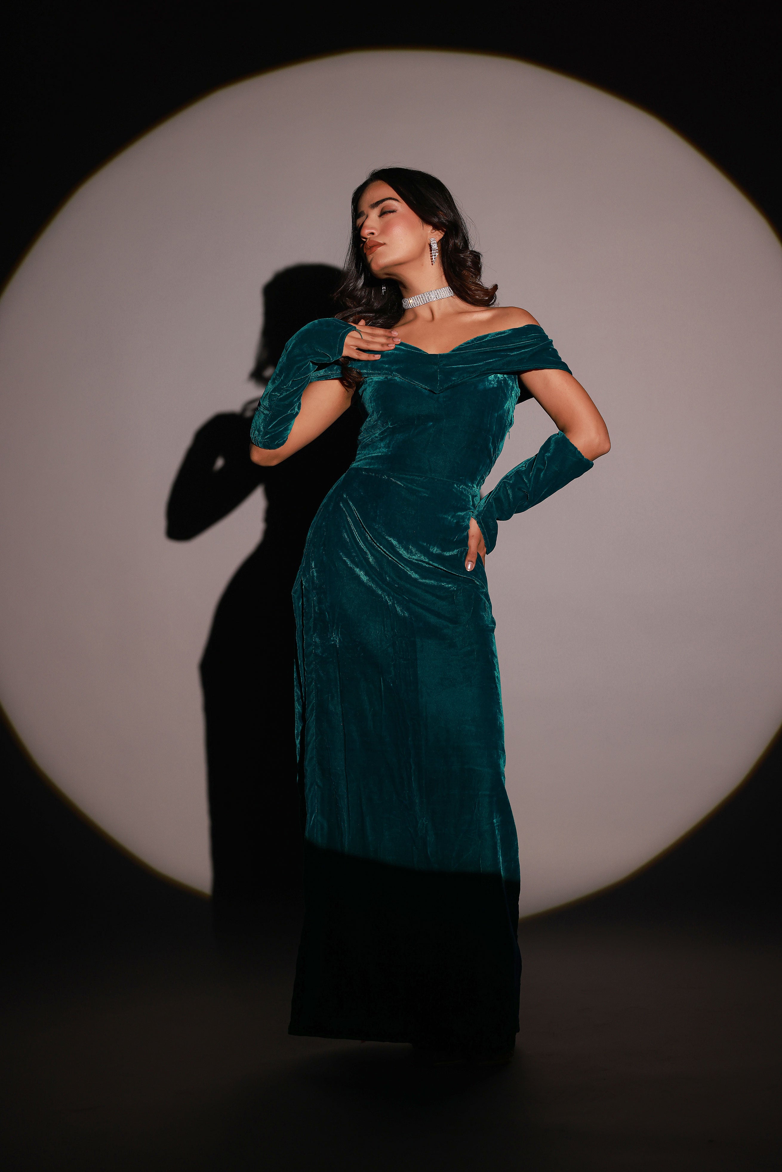 Rama Green Velvet Slit Dress