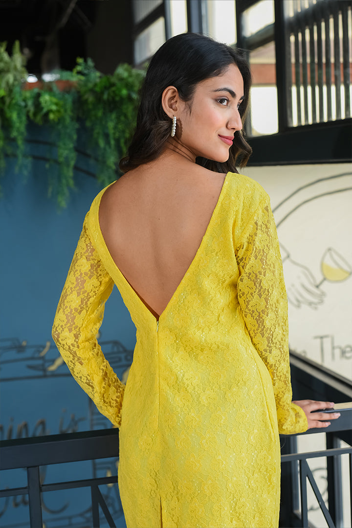 Yellow lace Backless Dress