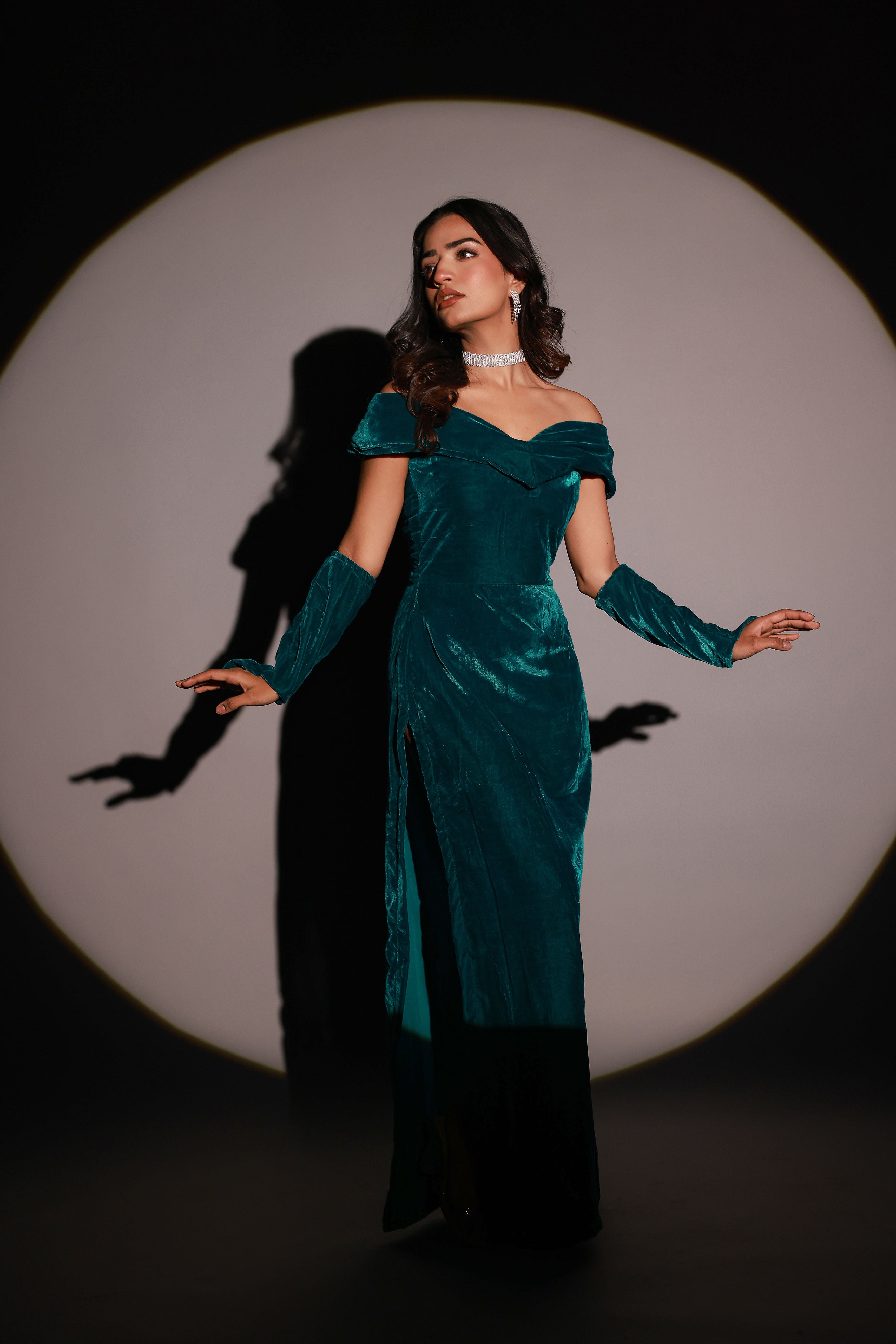 Rama Green Velvet Slit Dress