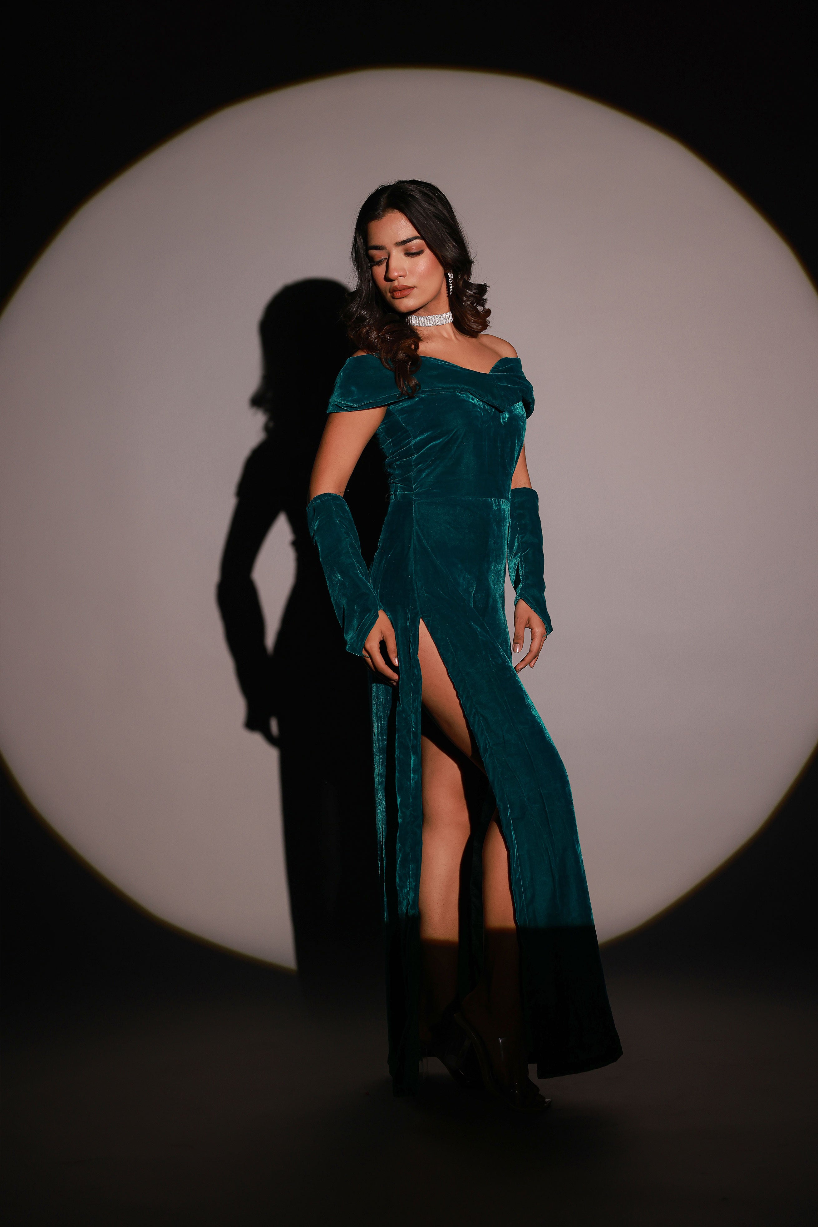 Rama Green Velvet Slit Dress