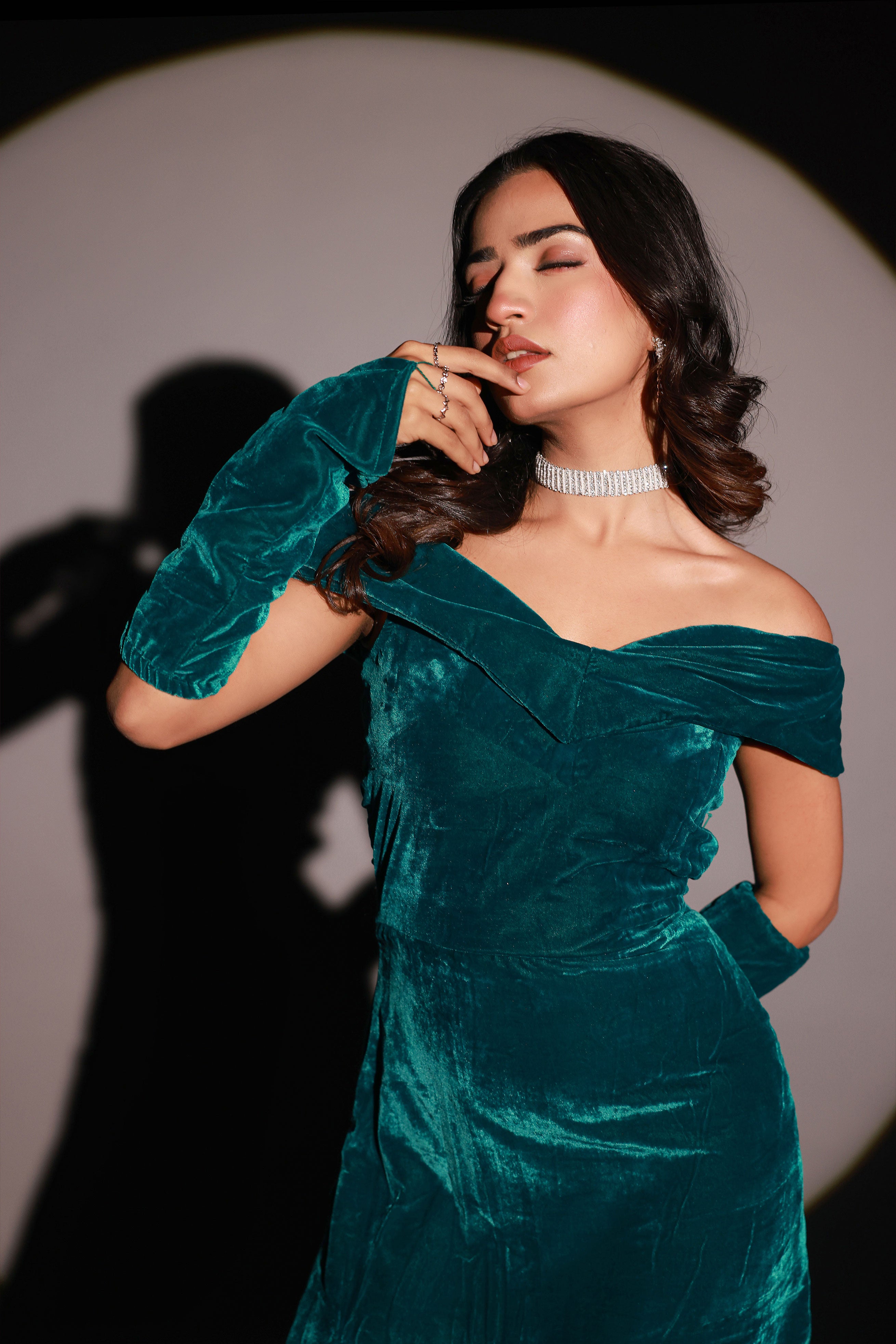Rama Green Velvet Slit Dress