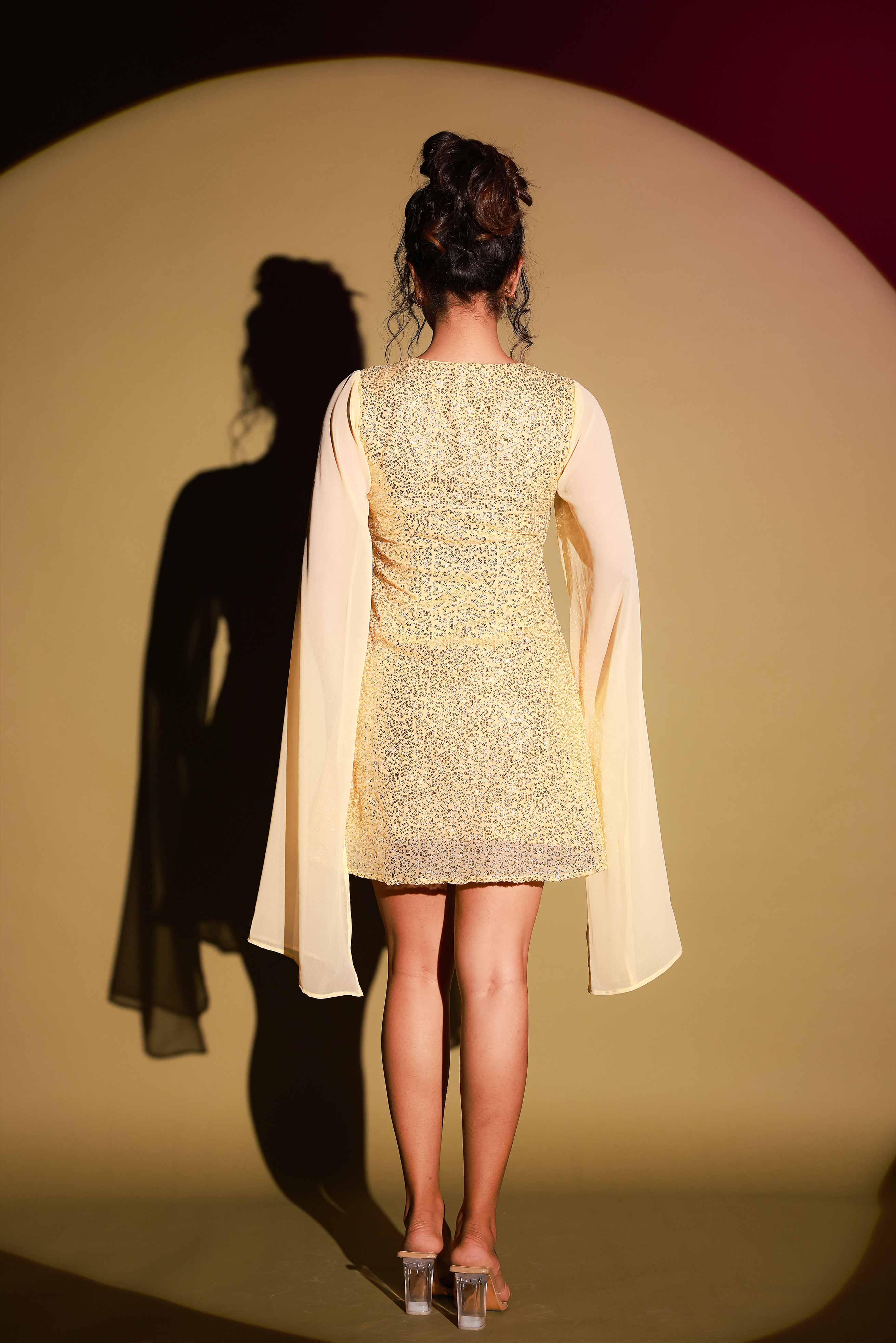 Lemon Cape Sleeve Sequin Dress