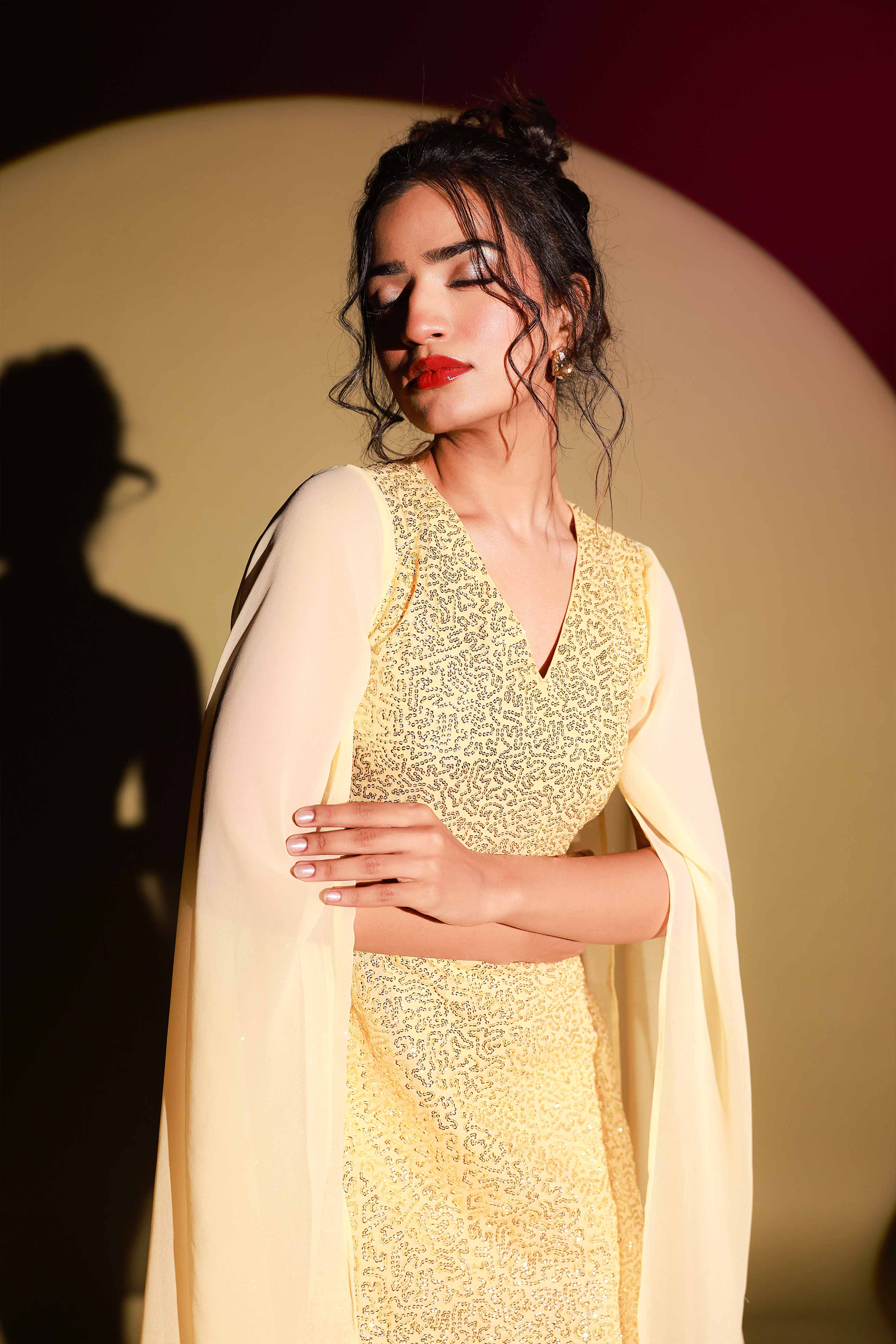 Lemon Cape Sleeve Sequin Dress