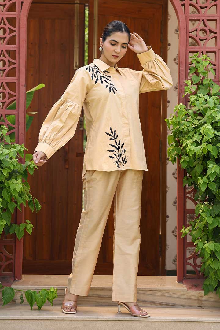 Beige Embroidered Coord Set