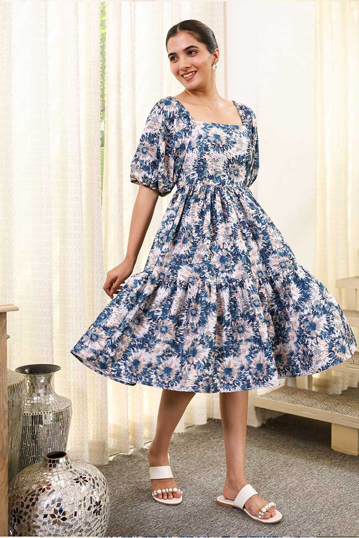 Blue Flower Printed Backless Tiered Mini Dress