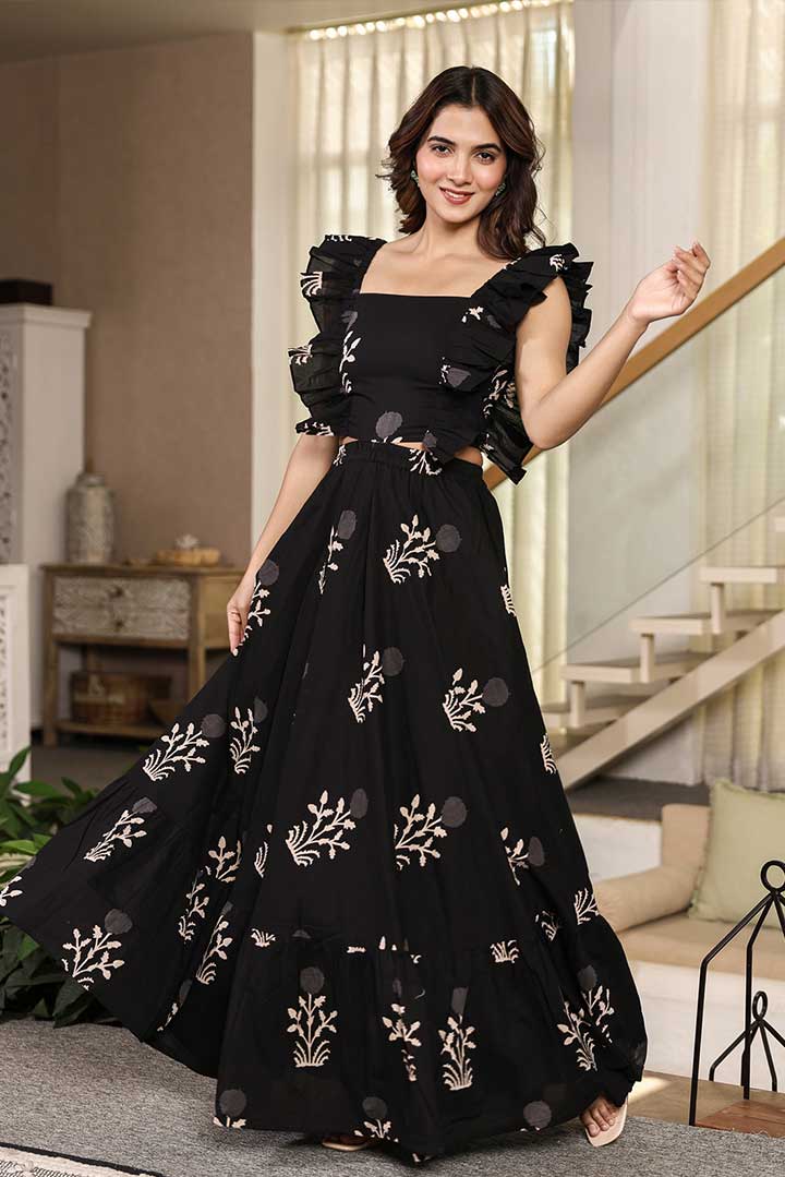 Black Printed Ruffle Sleeves Maxi Dress