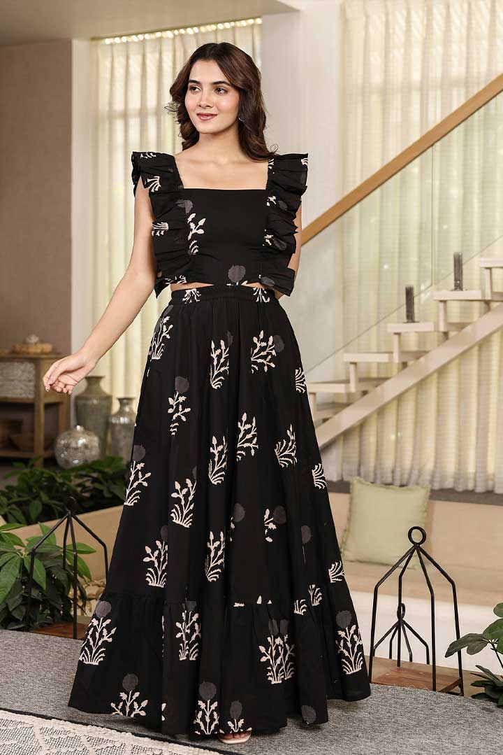 Black Printed Ruffle Sleeves Maxi Dress