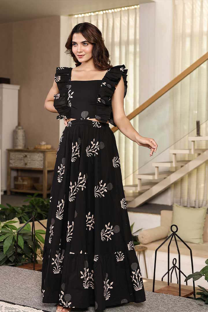 Black Printed Ruffle Sleeves Maxi Dress