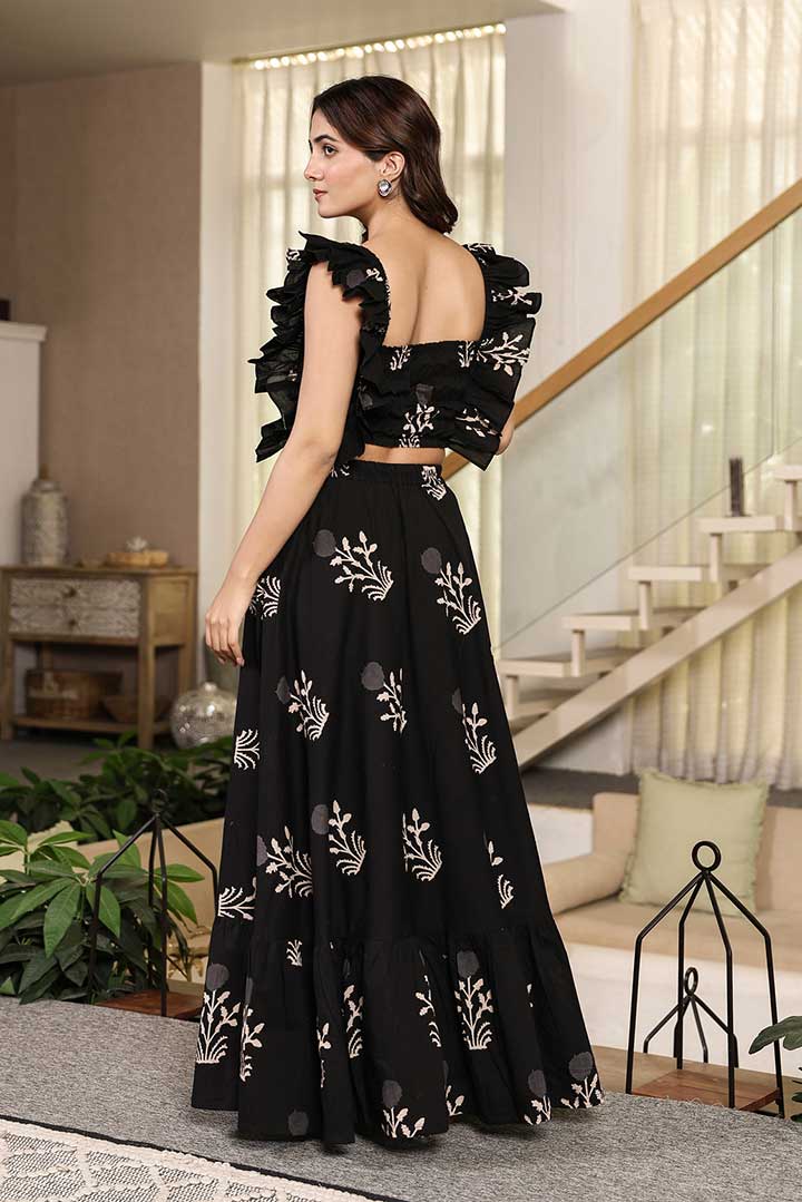 Black Printed Ruffle Sleeves Maxi Dress